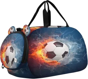Travel Duffle Bag for Kids Boys Girls Fire Soccer Football Sports Bag Overnighter Duffle Sleepover Weekender with Shoes Compartment