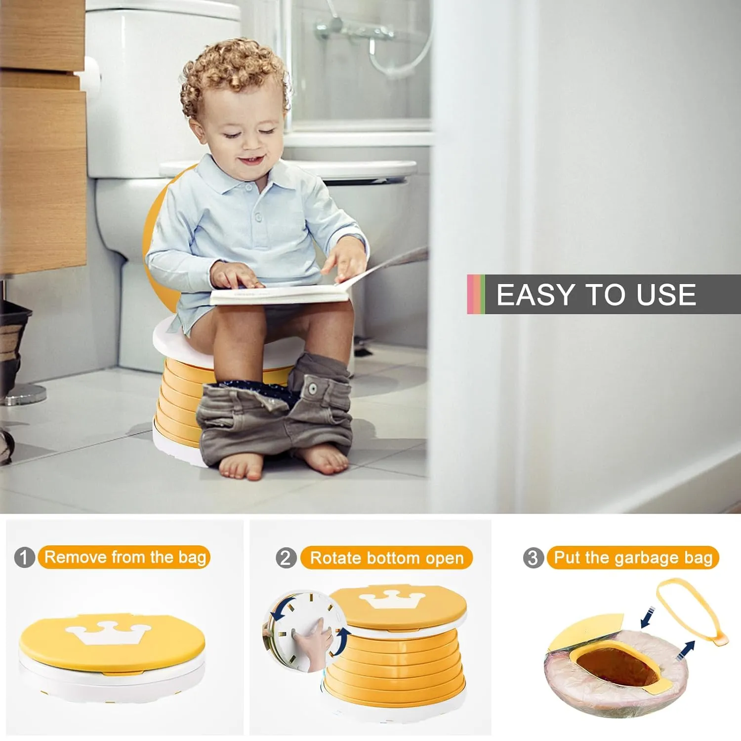 Travel Potty for Toddler,Kids Potty Training Toilet Portable and Foldable Toilet, Apply to Seat Emergency Toilet for Car,Camping,Outdoor,Indoor with 3 Rolls Bag (Orange)