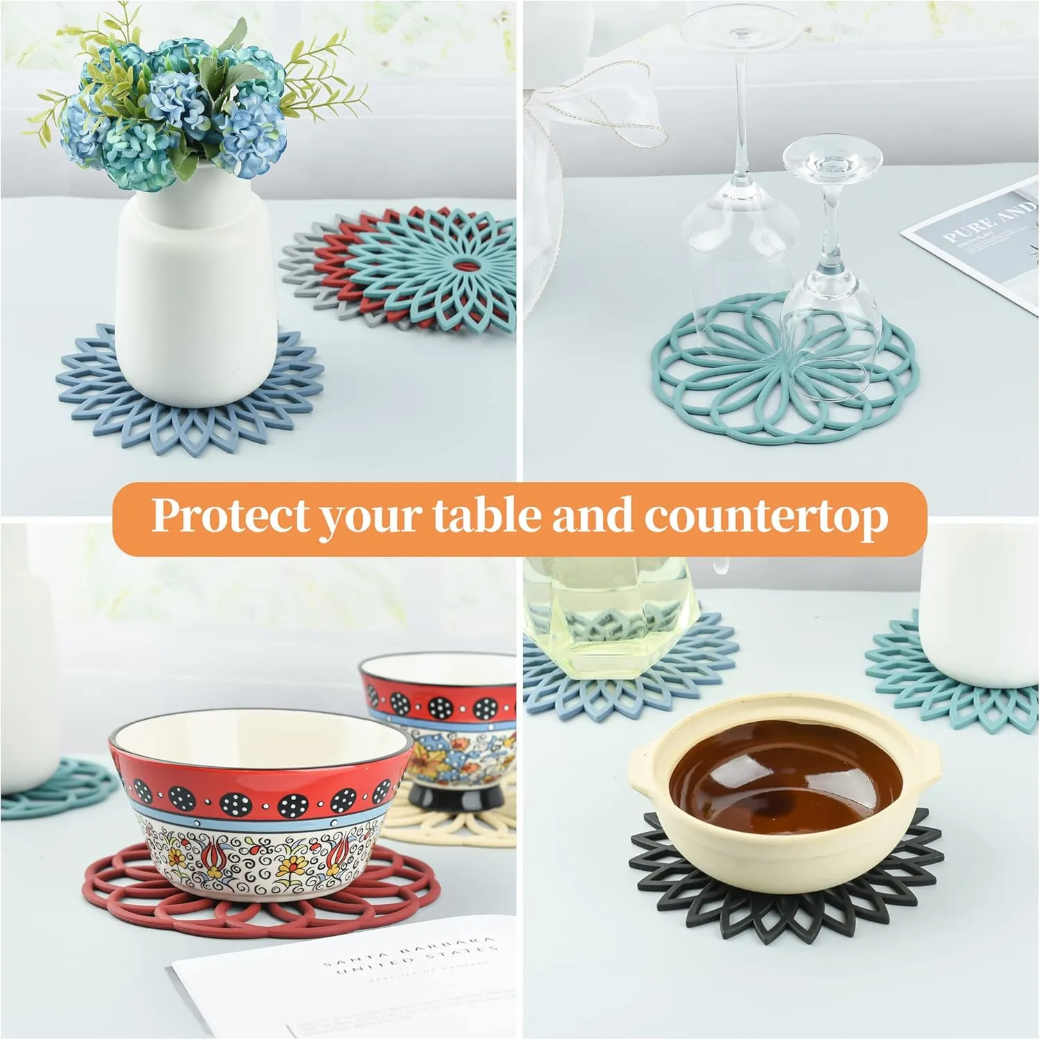 Trivets for Hot Dishes, Silicone Trivet Hot Pads for Kitchen Counter, Intricately Carved Silicone Trivets for Hot Pots and Pans, Heat Resistant Mat for Quartz, Black Round Trivets Mats Pack 6