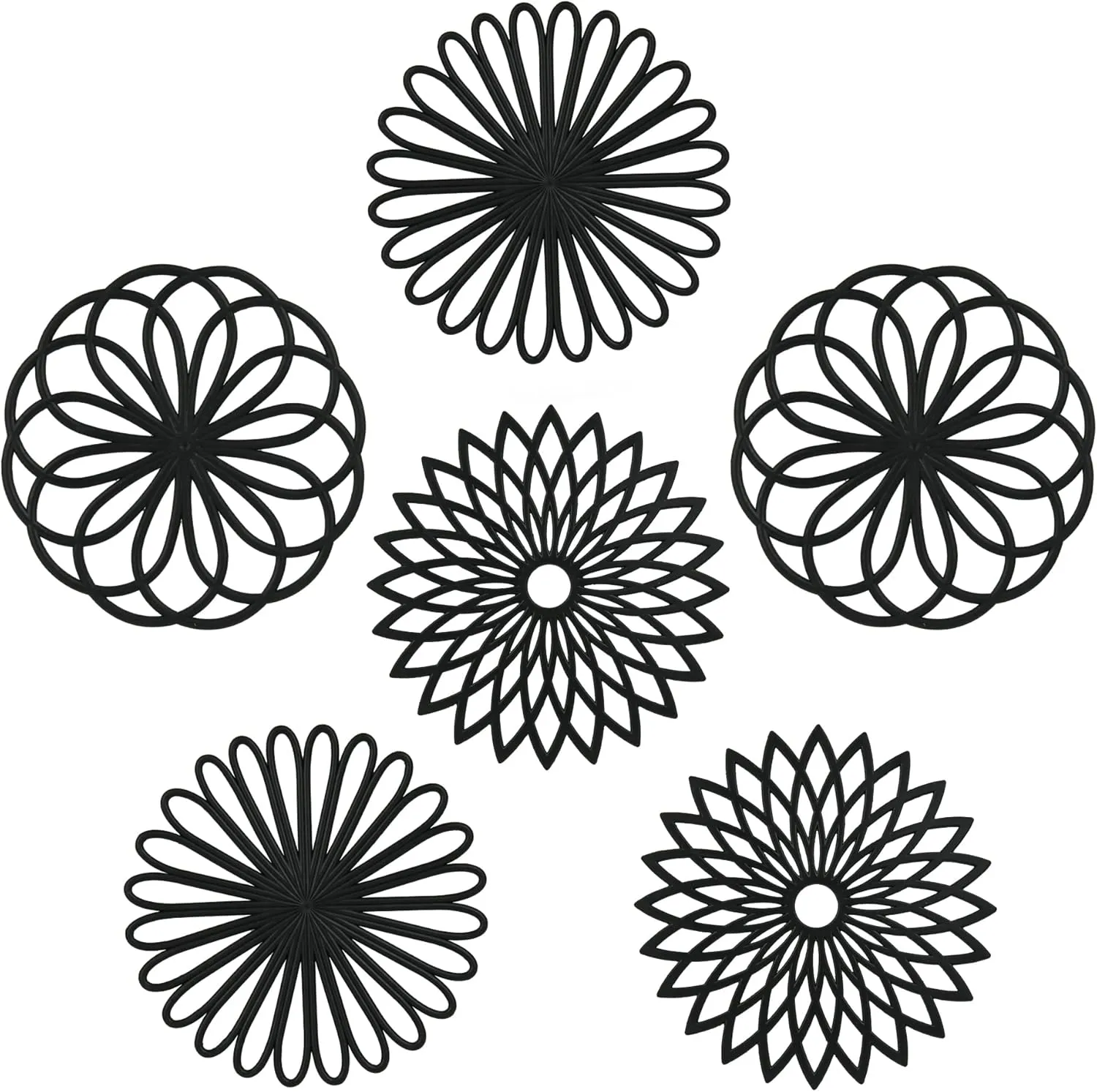 Trivets for Hot Dishes, Silicone Trivet Hot Pads for Kitchen Counter, Intricately Carved Silicone Trivets for Hot Pots and Pans, Heat Resistant Mat for Quartz, Black Round Trivets Mats Pack 6