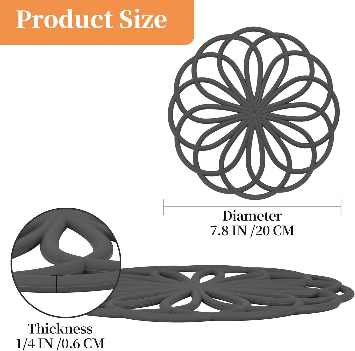 Trivets for Hot Dishes, Silicone Trivet Hot Pads for Kitchen Counter, Intricately Carved Silicone Trivets for Hot Pots and Pans, Heat Resistant Mat for Quartz, Black Round Trivets Mats Pack 6