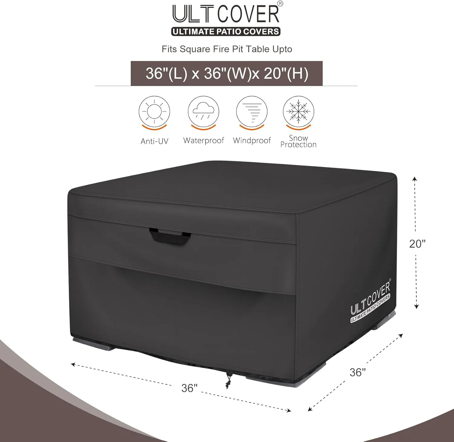 ULTCOVER Patio Fire Pit Table Cover Square 36 inch Outdoor Waterproof Fire Bowl Cover, Black