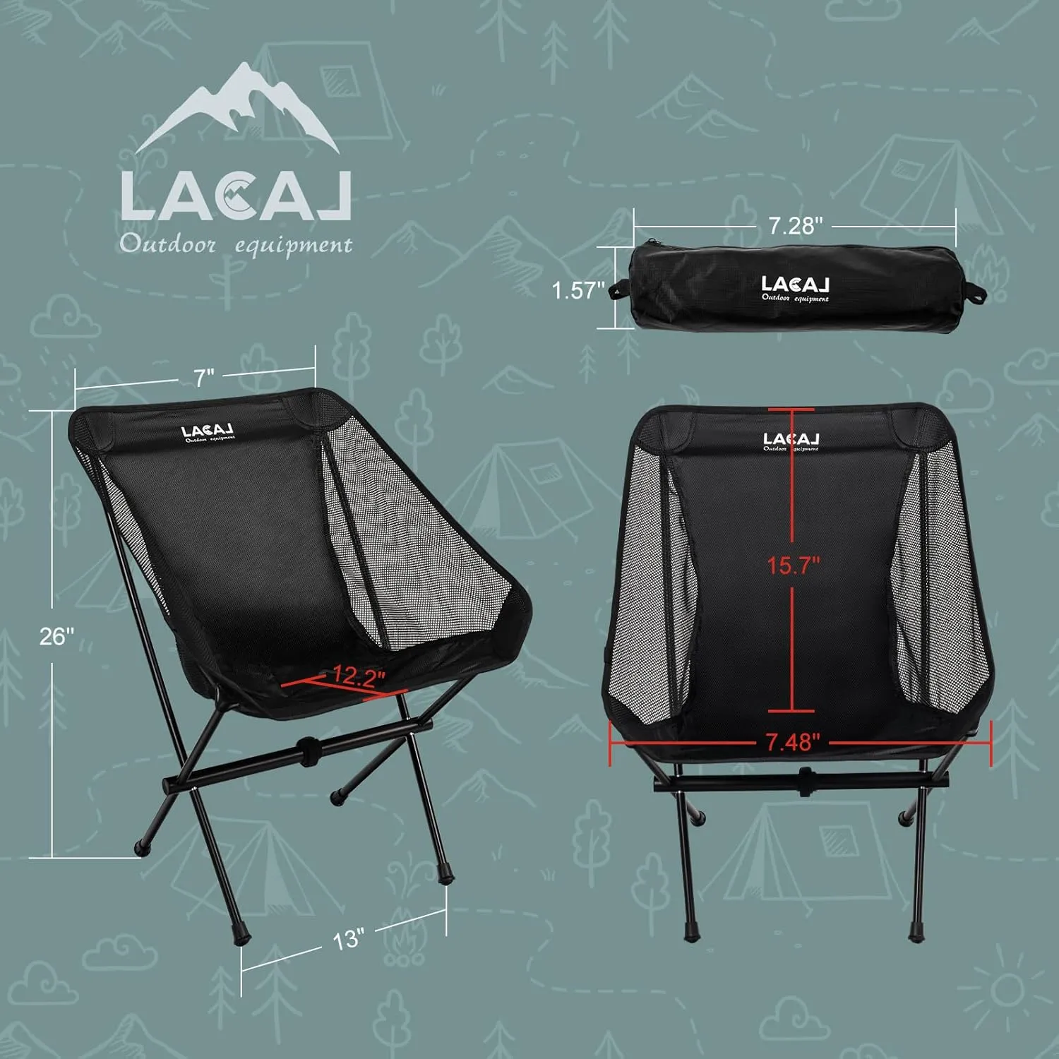 Ultra-Light Folding Camping Chair, All-Aluminum Frame, Surper Breathable Fabric, Easy to Carry, Compact Storage Size (2, Black)