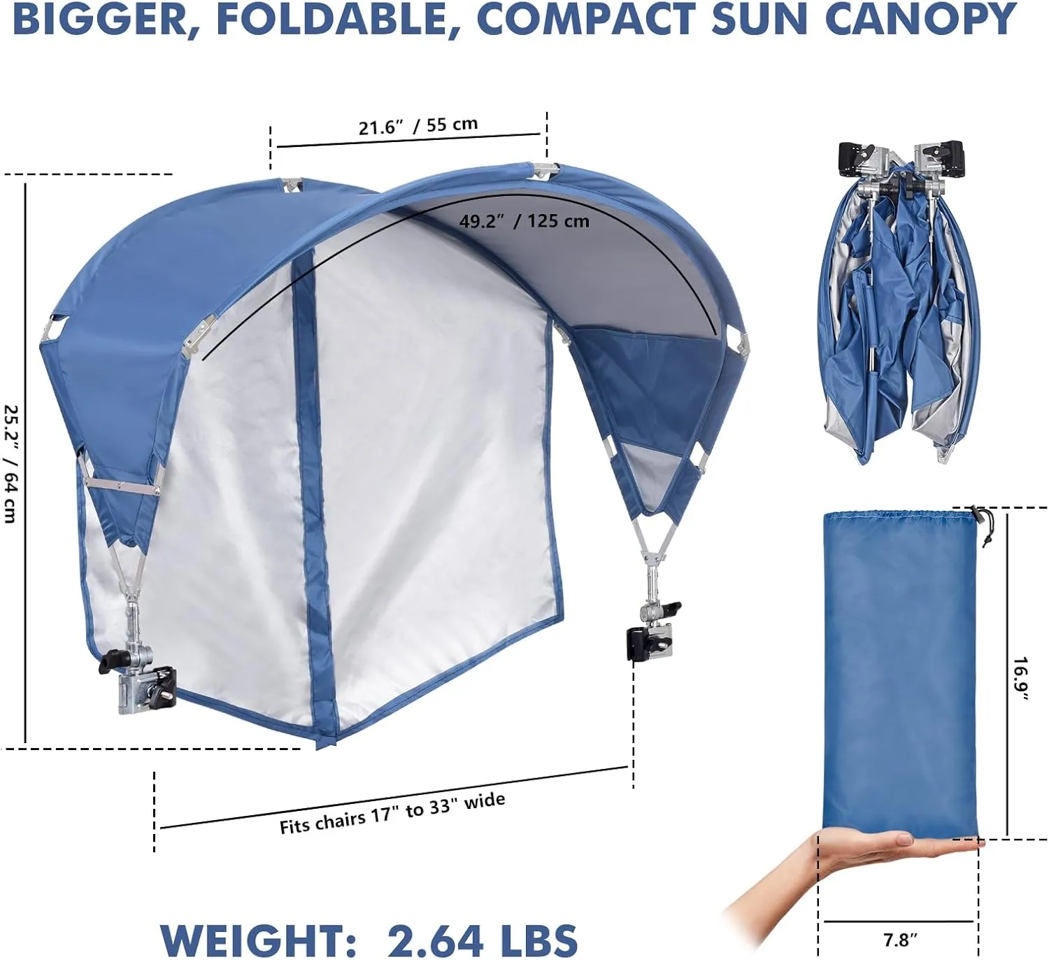 Universal Chair Umbrella Canopy, UPF 50  Sun Shade with Adjustable Clamp Clip for Beach Chair, Outdoor Camping Chair, Sports Chair, Lawn Chair, Tanning Chair, Zero Gravity Chair, Navy 2 Pack