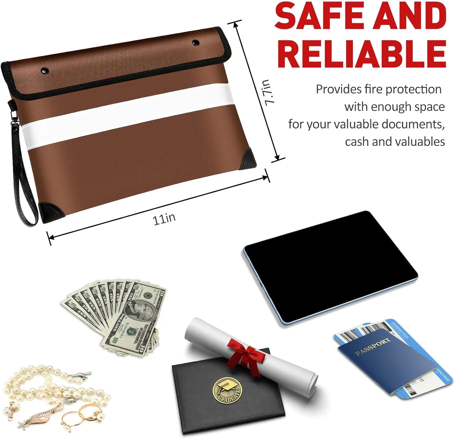 Vailoin 5200℉ Insulated Fireproof Money Bag for Cash with Waterproof Zipper,Small Fireproof Pouch,Fire Proof Money Bag for Important Documents,Valuables (11"x7.7",Brown)