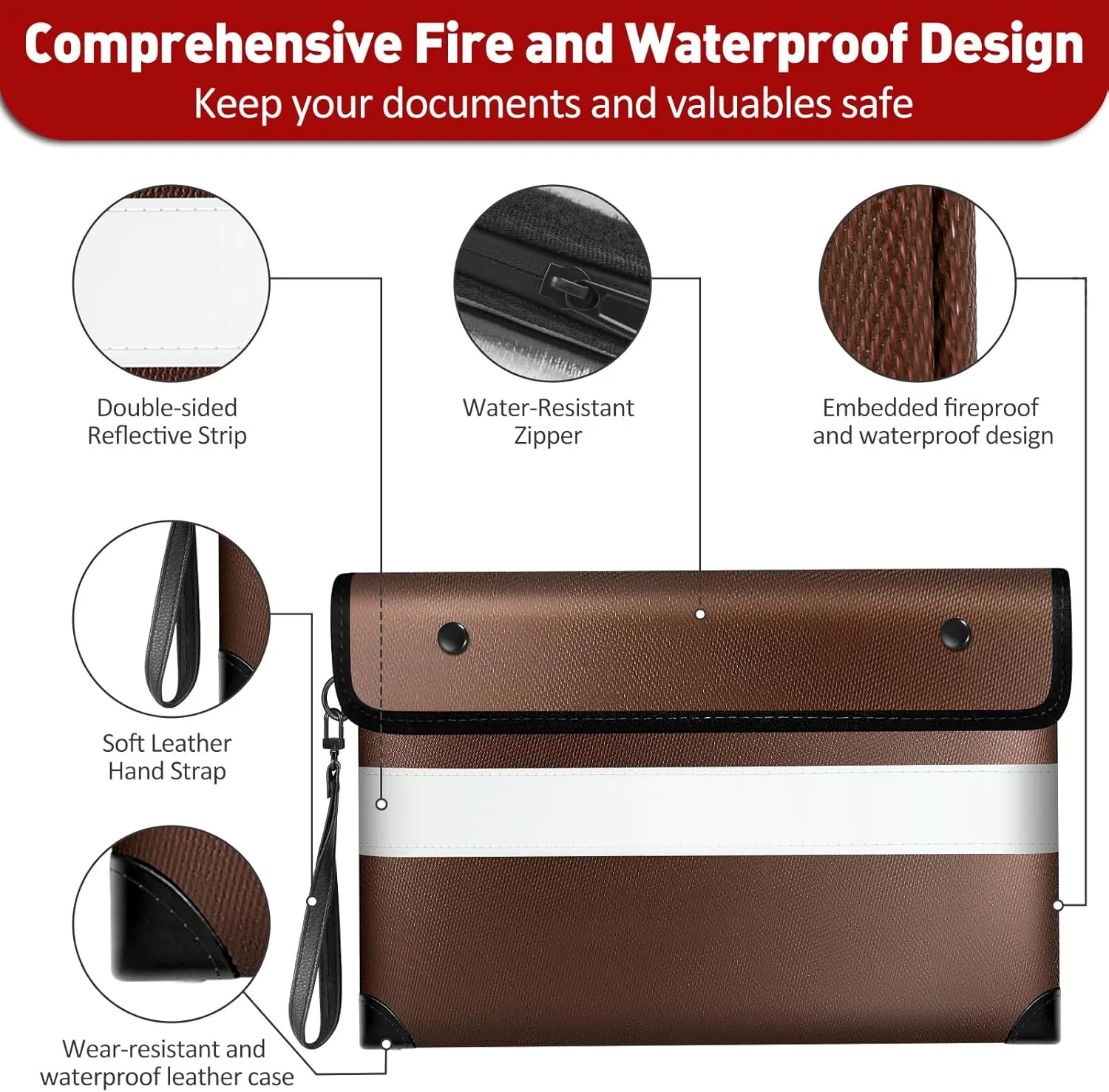 Vailoin 5200℉ Insulated Fireproof Money Bag for Cash with Waterproof Zipper,Small Fireproof Pouch,Fire Proof Money Bag for Important Documents,Valuables (11"x7.7",Brown)