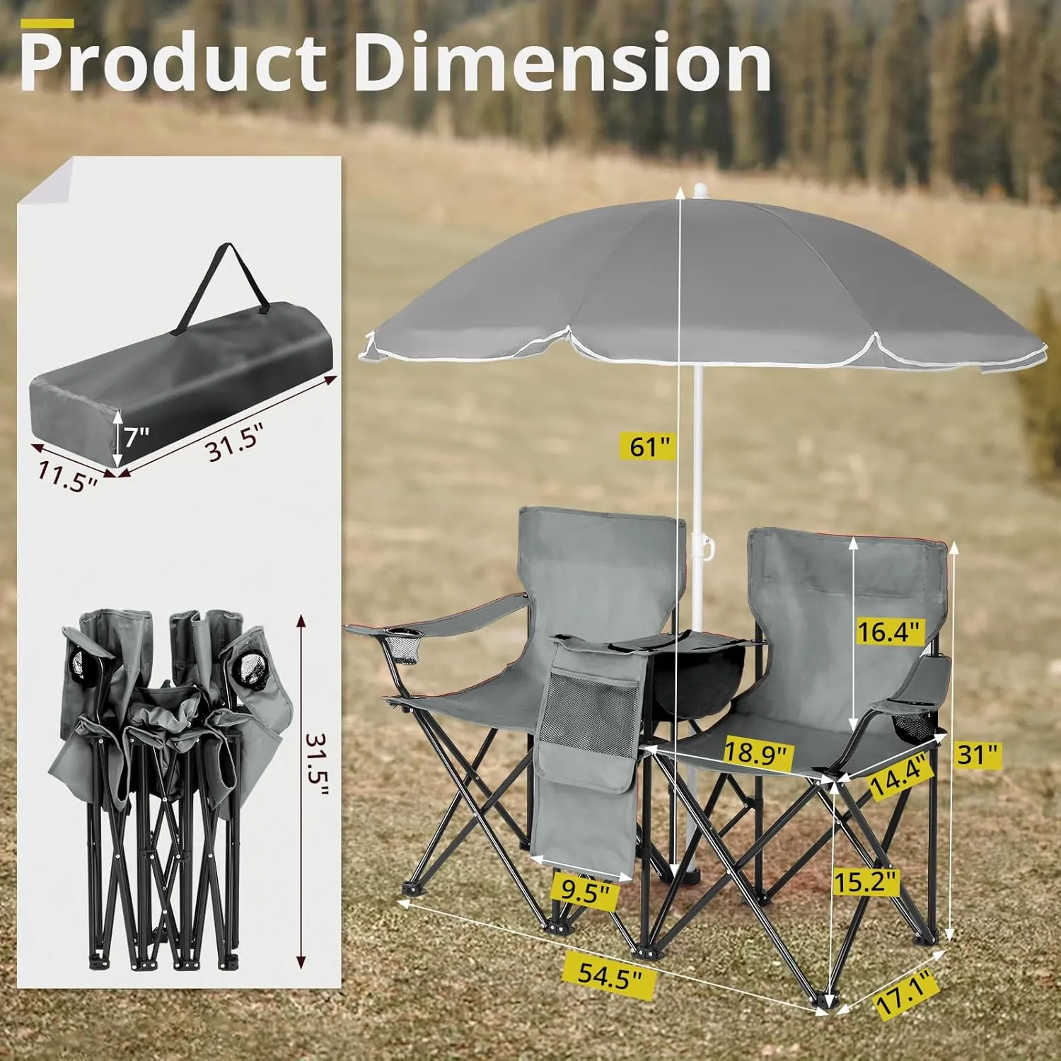 Vasitelan Double Camping Chair with Umbrella, Folding Loveseat Chairs w/Canopy Shade, Carrying Bag, Table, Cup Holder, Portable Beach Chairs Outdoor Picnic Patio (Grey)