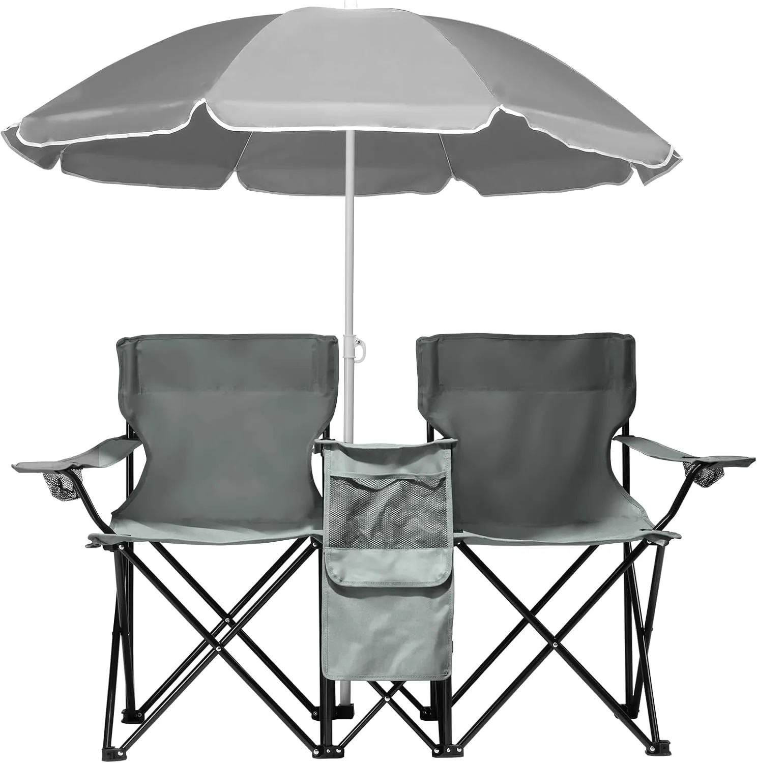 Vasitelan Double Camping Chair with Umbrella, Folding Loveseat Chairs w/Canopy Shade, Carrying Bag, Table, Cup Holder, Portable Beach Chairs Outdoor Picnic Patio (Grey)