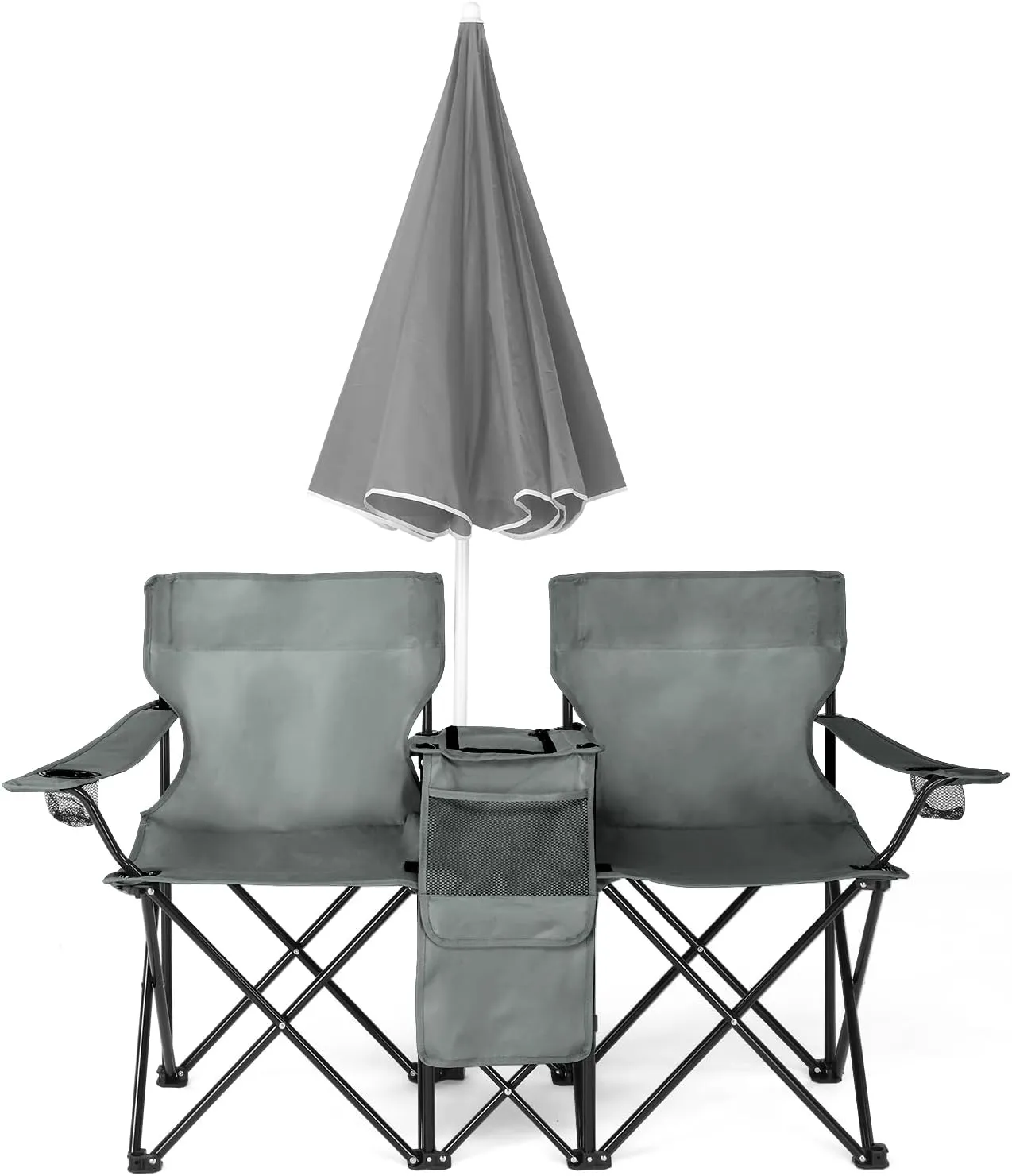 Vasitelan Double Camping Chair with Umbrella, Folding Loveseat Chairs w/Canopy Shade, Carrying Bag, Table, Cup Holder, Portable Beach Chairs Outdoor Picnic Patio (Grey)