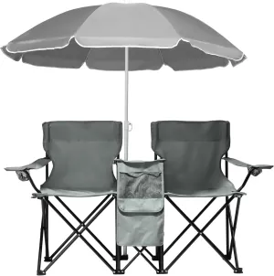 Vasitelan Double Camping Chair with Umbrella, Folding Loveseat Chairs w/Canopy Shade, Carrying Bag, Table, Cup Holder, Portable Beach Chairs Outdoor Picnic Patio (Grey)