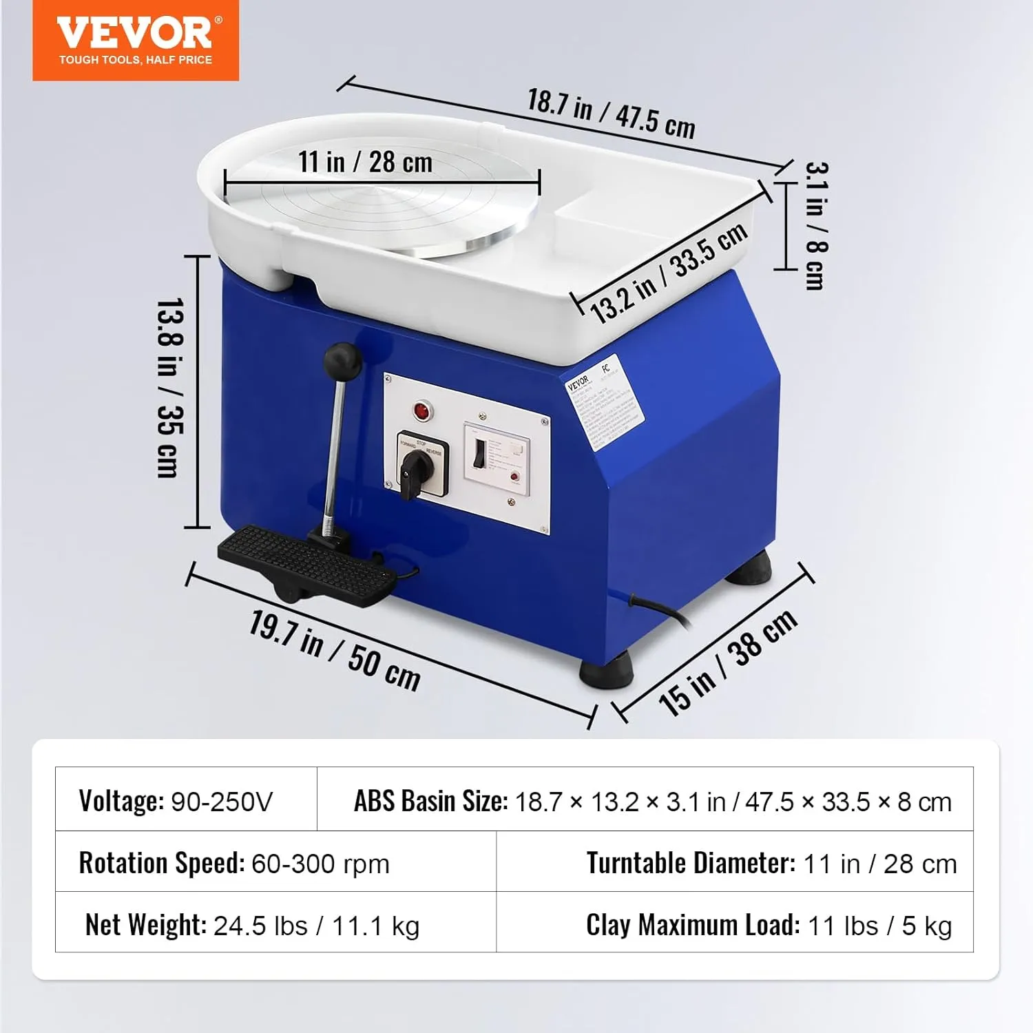 VEVOR 11inch Pottery Wheel, 350W Ceramic Wheel Forming Machine, Adjustable 60-300RPM Speed Handle and Foot Pedal Control, ABS Detachable Basin Sculpting Tool Apron Accessory Kit for Work Art Craft DIY