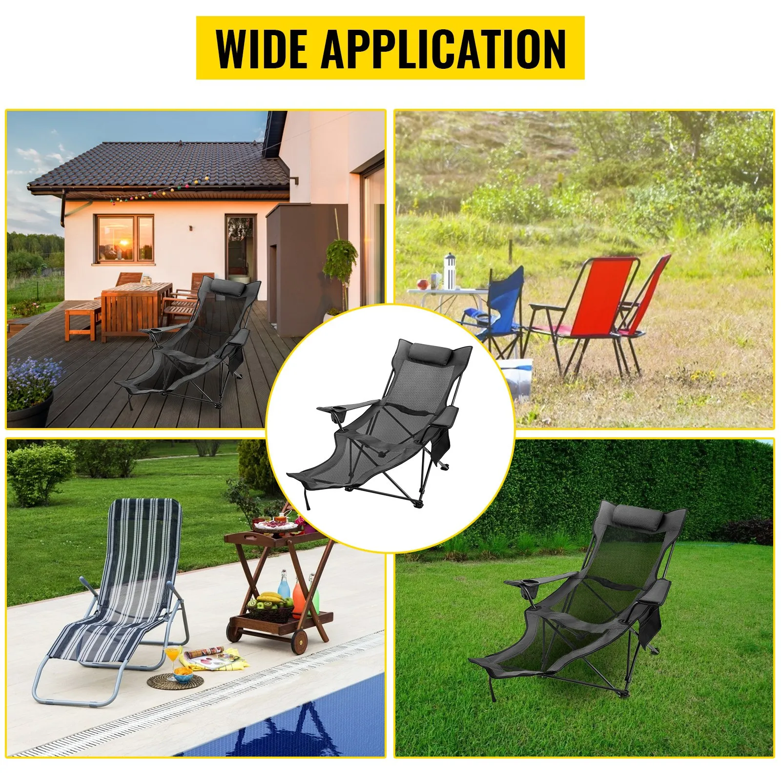 VEVOR Folding Camp Chair with Footrest Mesh | Portable Lounge Chair with Cup Holder and Storage Bag for Camping Fishing | Grey