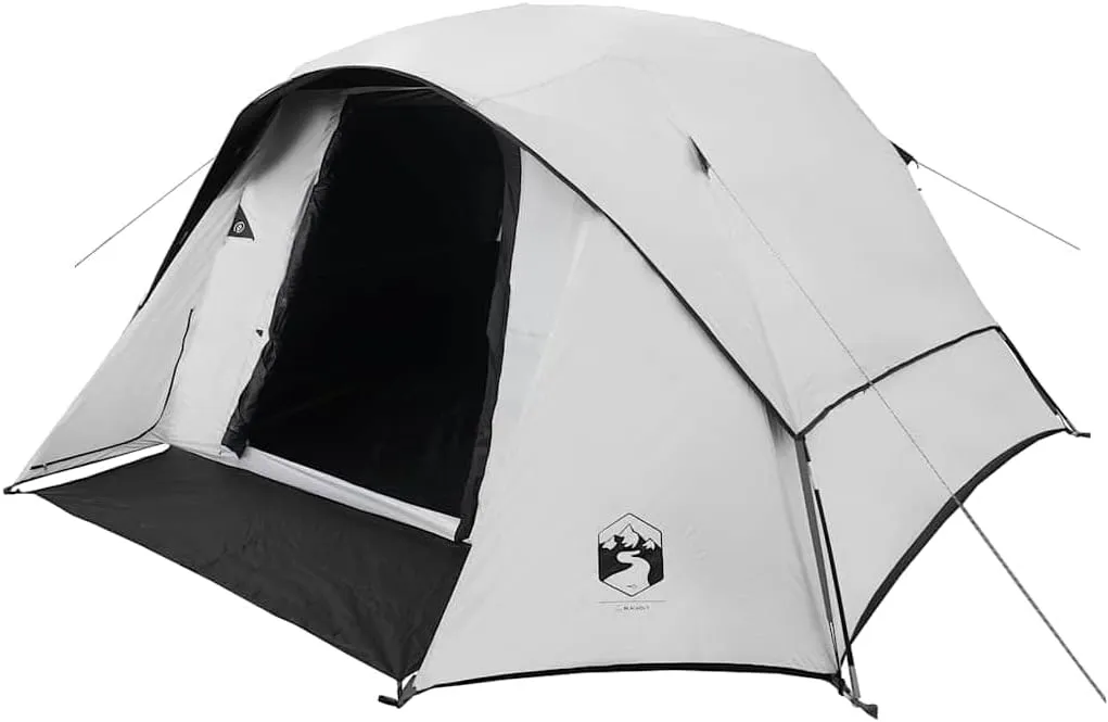 vidaXL - Camping Tent | Cabin Style White Blackout 4-Person Shelter | Waterproof Polyester with PU Coating | Lightweight & Portable | Ideal for All Seasons | Includes Removable Fly & E-Port