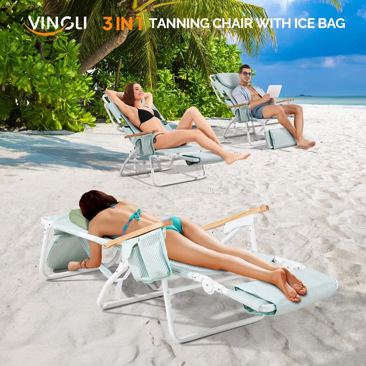 VINGLI Deluxe 3 in 1 Beach Chair, Tanning Chair with Face Hole, Portable Reclining Lounge with Foot Rest, Cup Holder and Storage Bag，Beach Lounge for Outdoor-Green