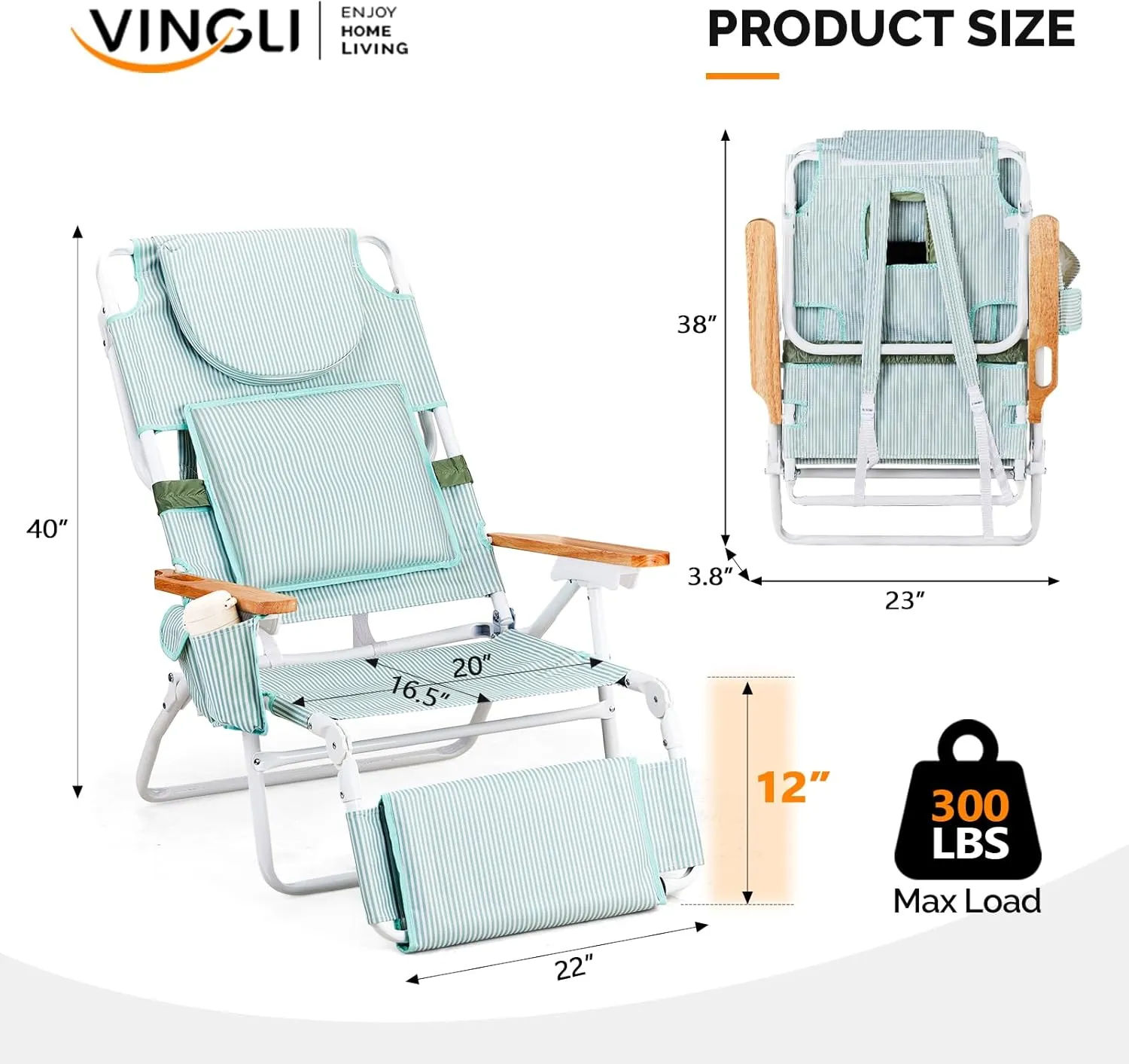 VINGLI Deluxe 3 in 1 Beach Chair, Tanning Chair with Face Hole, Portable Reclining Lounge with Foot Rest, Cup Holder and Storage Bag，Beach Lounge for Outdoor-Green