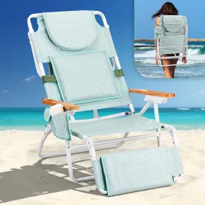 VINGLI Deluxe 3 in 1 Beach Chair, Tanning Chair with Face Hole, Portable Reclining Lounge with Foot Rest, Cup Holder and Storage Bag，Beach Lounge for Outdoor-Green