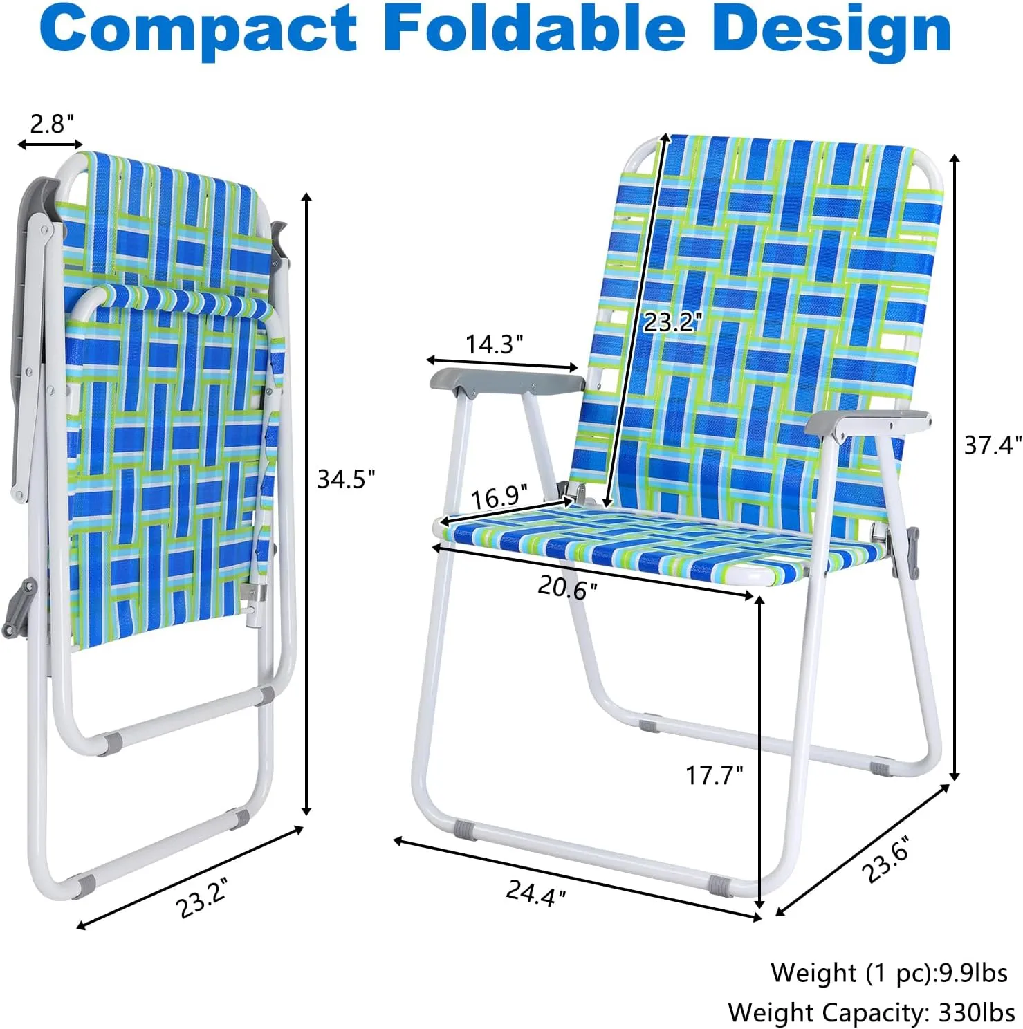 VINGLI Oversize Patio Lawn Webbed Folding Chairs Set of 2, Outdoor Beach Chair Portable Dining Chair for Outdoor Yard, Garden (Blue, Oversized)
