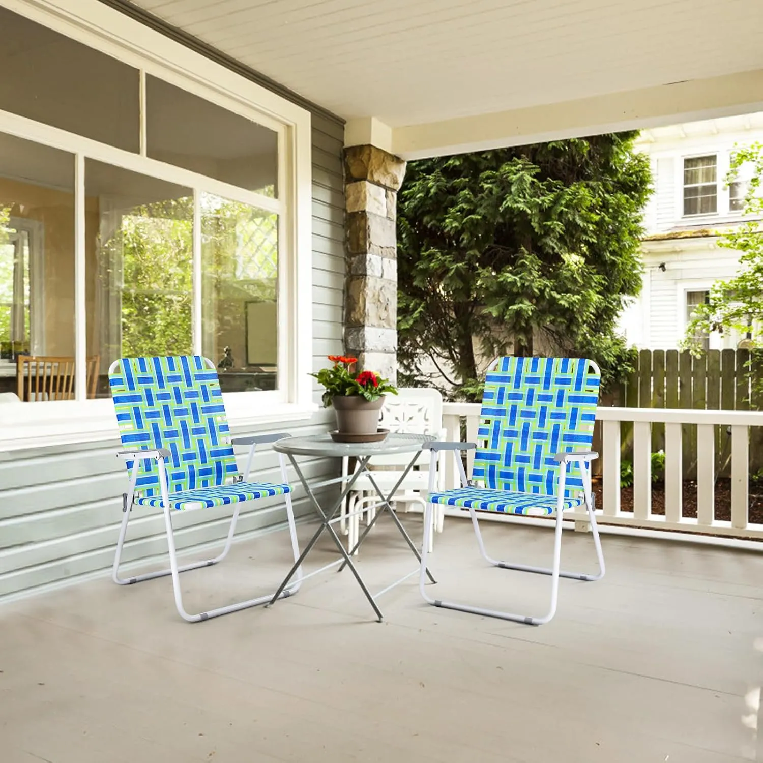 VINGLI Oversize Patio Lawn Webbed Folding Chairs Set of 2, Outdoor Beach Chair Portable Dining Chair for Outdoor Yard, Garden (Blue, Oversized)