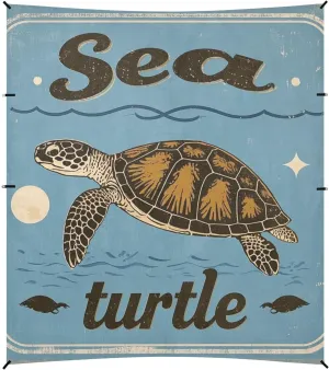 Vintage Poster Sea Turtle Blue Foldable Beach Canopy UPF50  Protection Easy Setup Large Sun Shelter with Sturdy Poles, Sandbags and Shovel for Camping, Picnics, Backyard & Fishing
