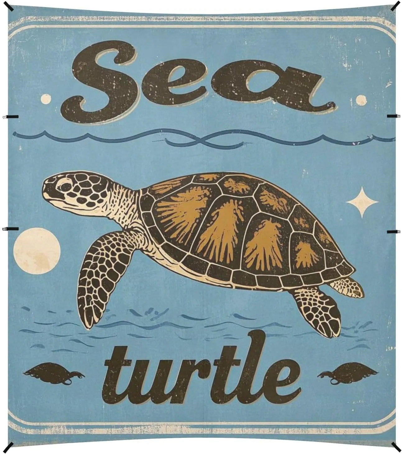Vintage Poster Sea Turtle Blue Foldable Beach Canopy UPF50  Protection Easy Setup Large Sun Shelter with Sturdy Poles, Sandbags and Shovel for Camping, Picnics, Backyard & Fishing