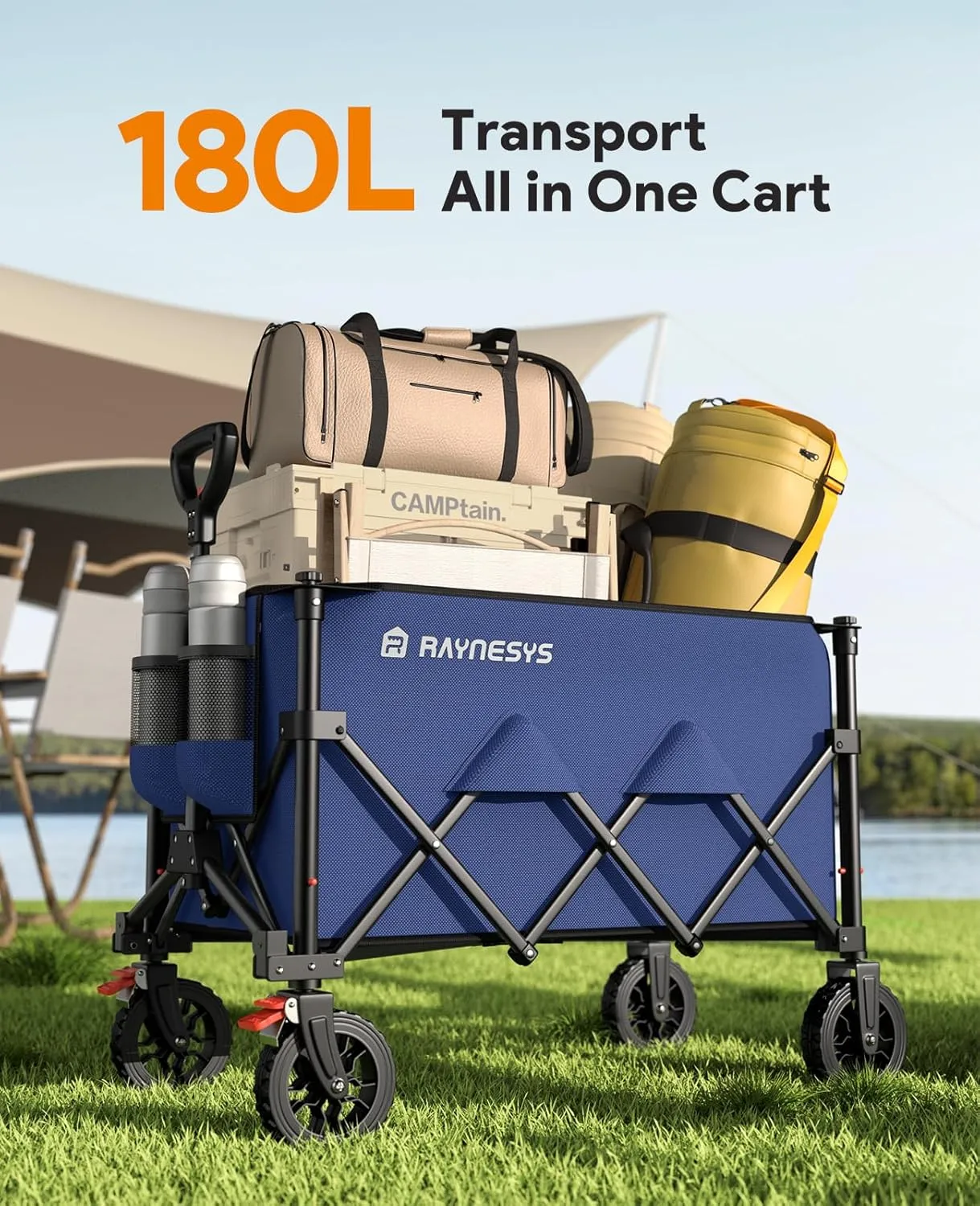 Wagons Carts Foldable, Collapsible Foldable Wagon 330lbs Capacity, 180L Large Capacity Foldable Wagon with All-Terrain Wheels,Heavy Duty Utility Wagon Cart with Brakes for Beach Camping Shopping, Blue