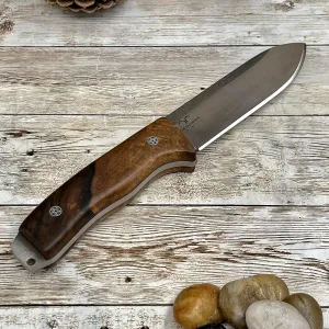 Walnut Handle, N690 Steel Blade Camping Knife, Fixed Blade Bushcraft Knife, Full Tang Outdoor Knife with Leather Sheath and Magnesium Fire Starter