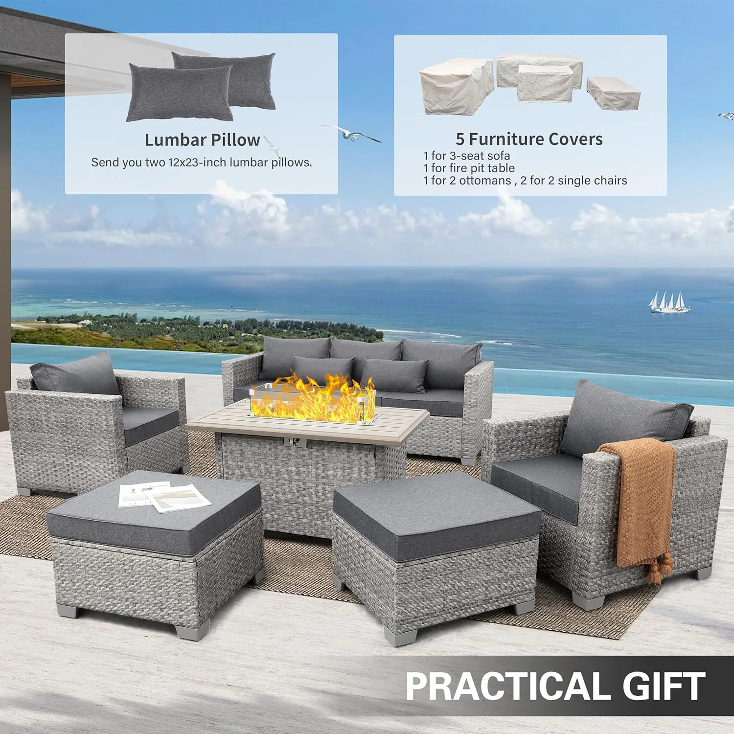 WAROOM Patio Furniture Set 6 Piece Grey Wicker Outdoor Furniture Patio Sectional Sofa Couch PE Rattan Conversation Sets with Fire Pit Table, Grey Cushion