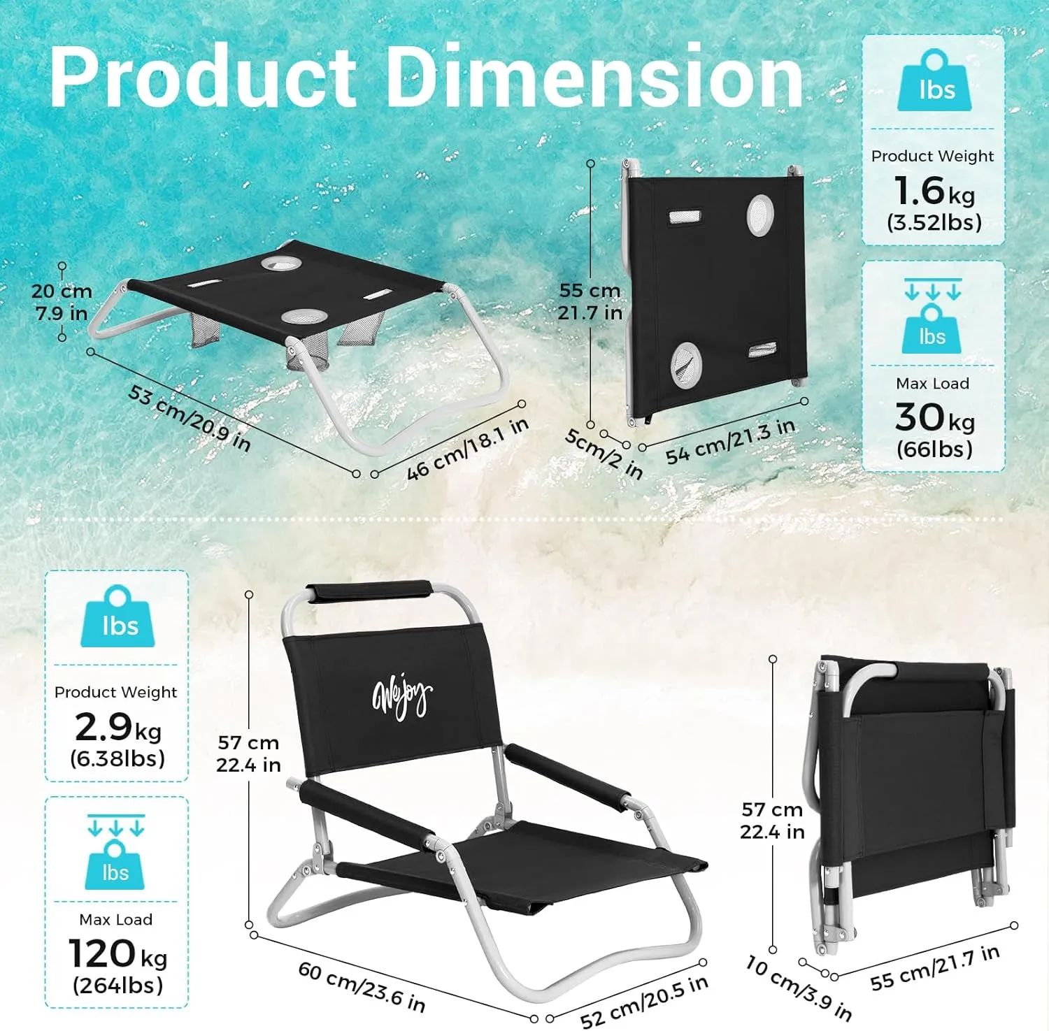#WEJOY 2 Pack Beach Chairs and Table Set Folding Low Beach Chairs for Adults Lightweight Beach Chair with Carry Bag for Outdoor Beach Lawn Camping Picnic Blue Beach Chair & Table Set