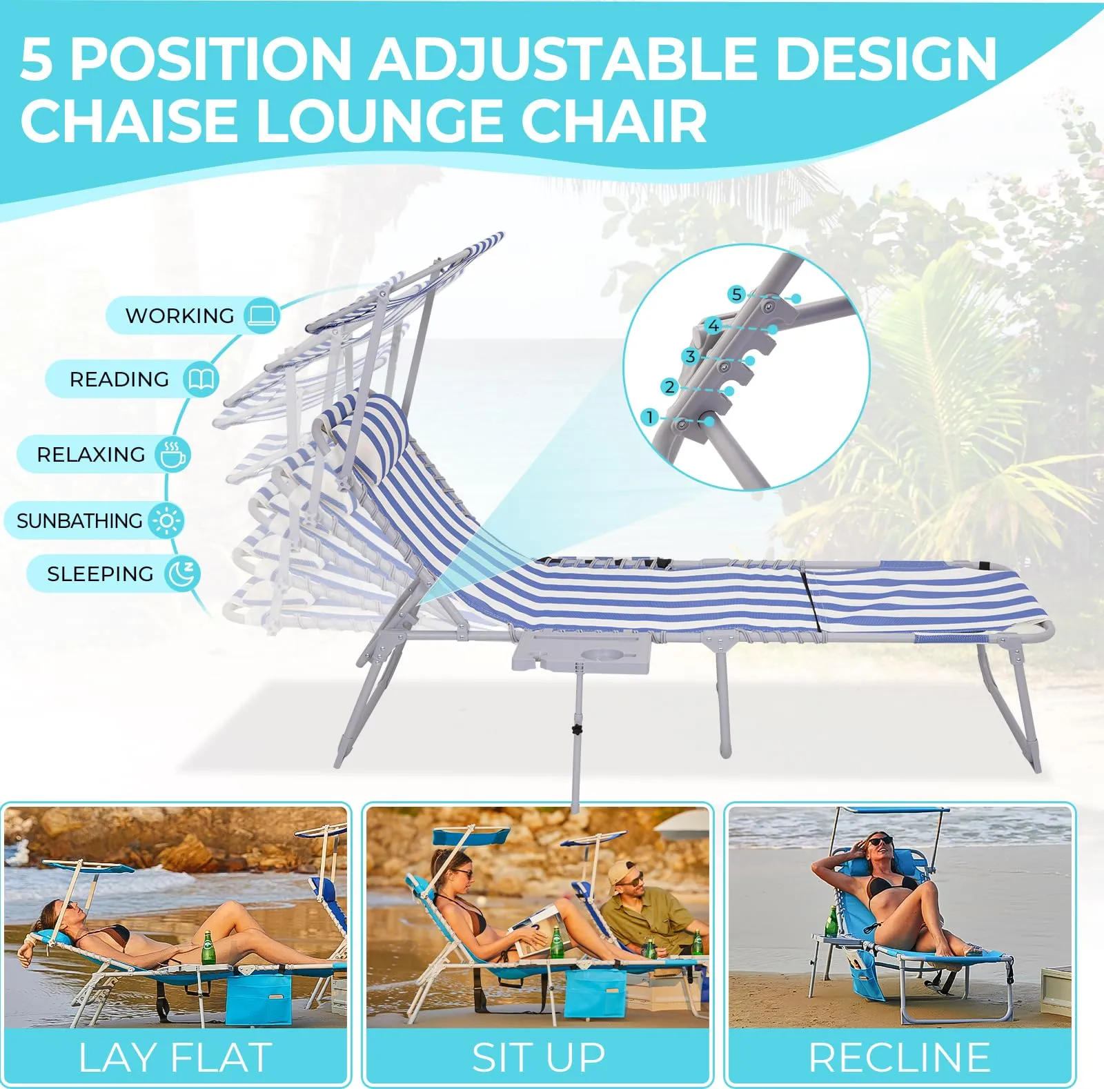 WEJOY Cool Lounge Chair Plus Folding Chaise Lounge Chair with Adjustable Back