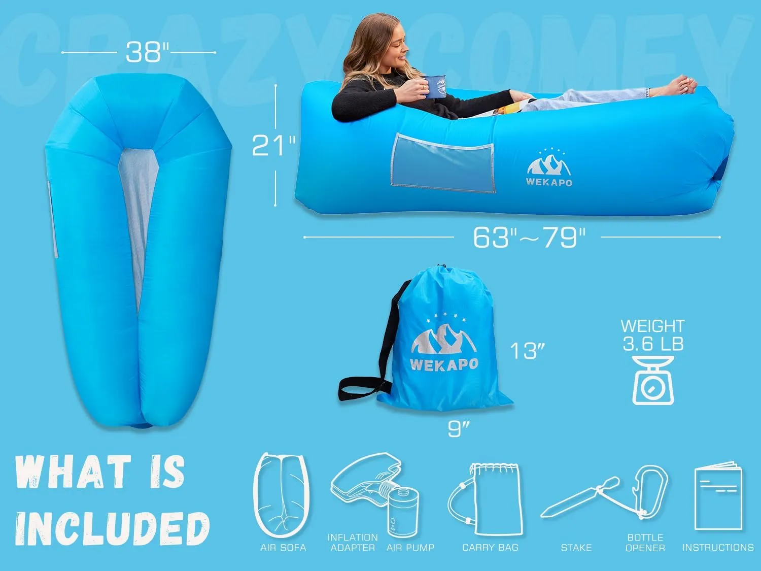 WEKAPO Inflatable Couch with Pump - Easiest Setup, Crazy Comfy & Ultralight - Blow up Lounger Chair Perfect for Hiking, Camping, Beach, Festivals - Lightweight Air Sofa for Relaxing Anywhere (Blue)