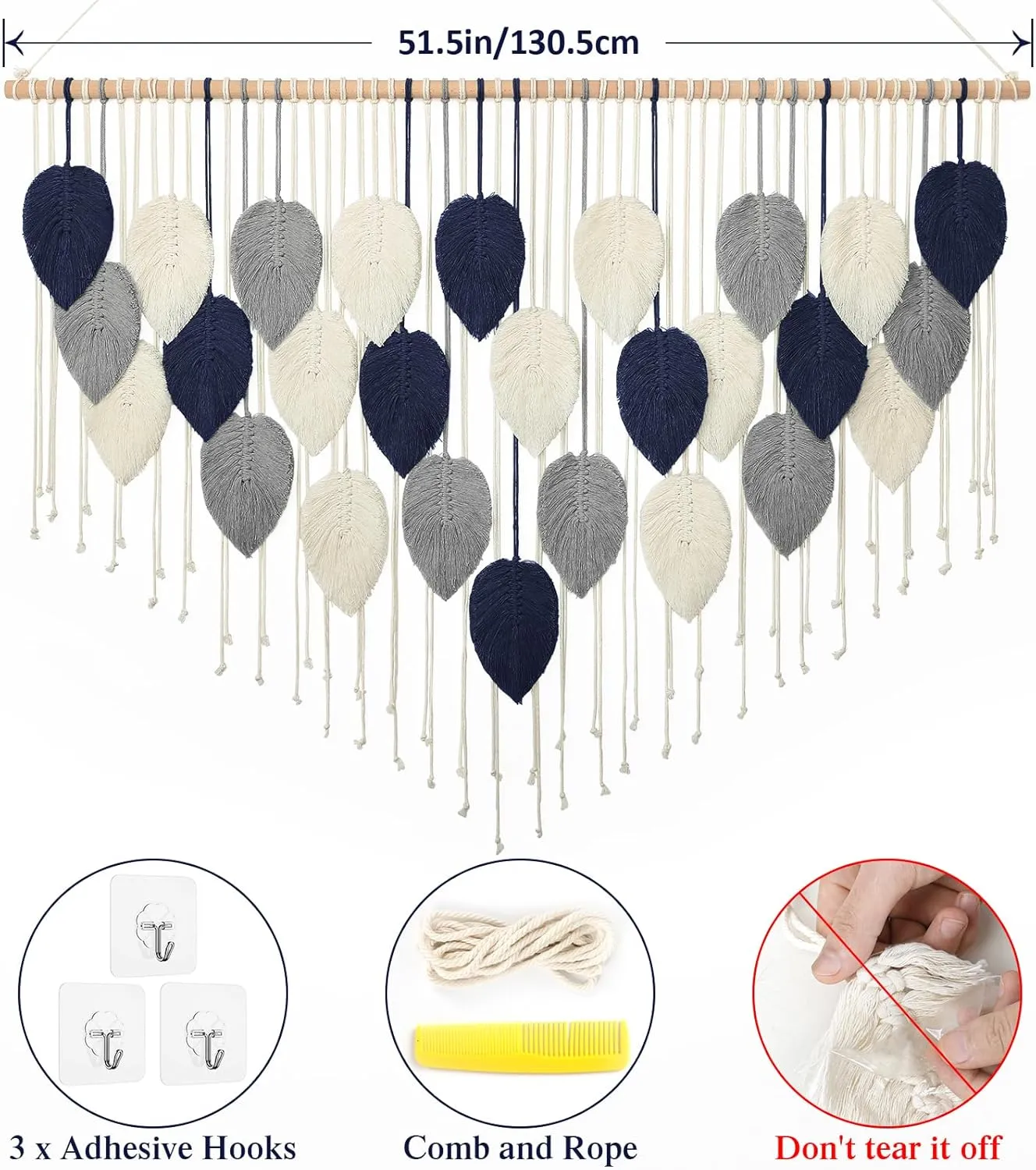 Weldomcor Macrame Wall Hanging Leaf Large Bohemian Chic Woven Tapestry Tassel Art with Hanging Rod Handmade DIY Macrame Cord Wall Decor for Bedroom Living Apartment Ornament 51.5"X33.5"