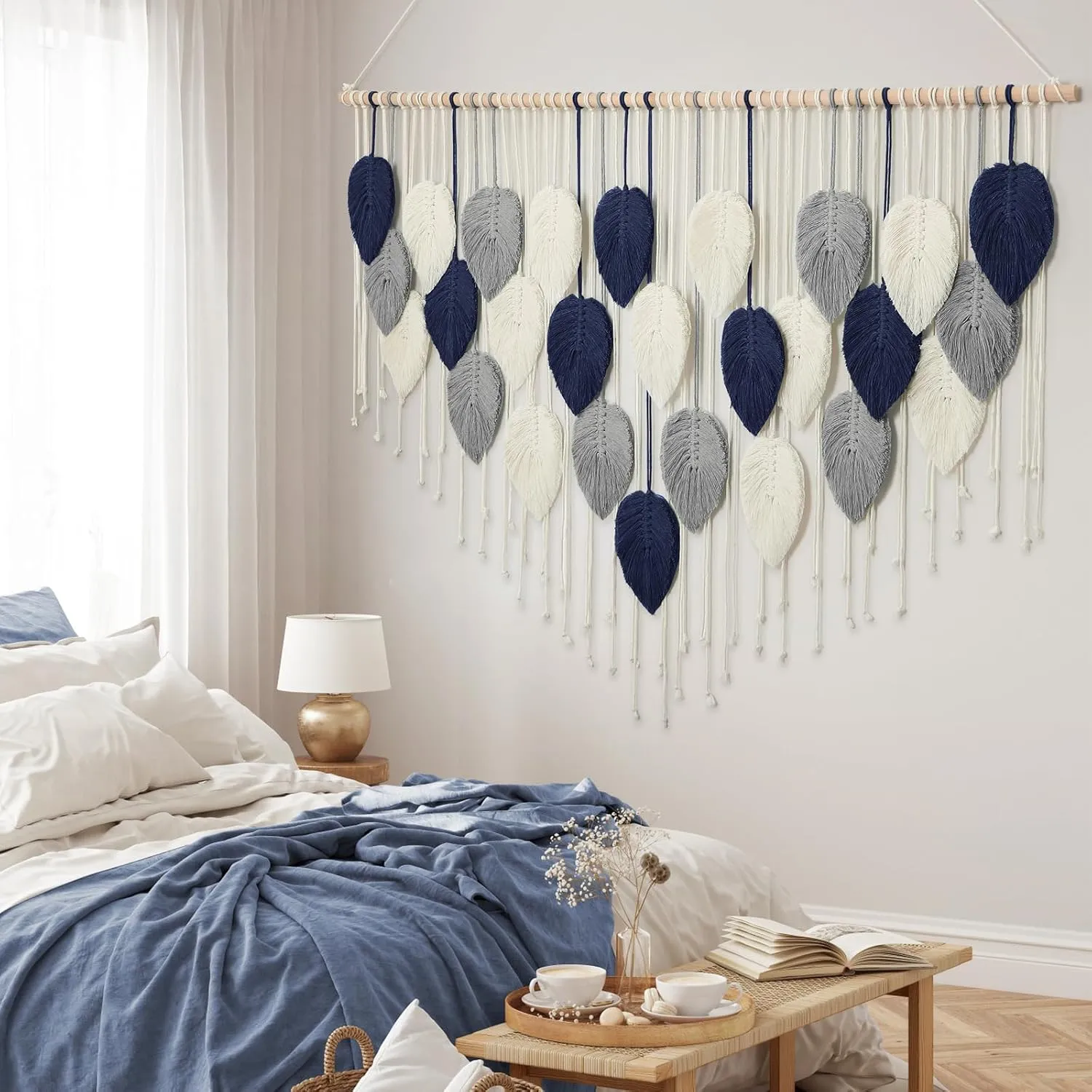 Weldomcor Macrame Wall Hanging Leaf Large Bohemian Chic Woven Tapestry Tassel Art with Hanging Rod Handmade DIY Macrame Cord Wall Decor for Bedroom Living Apartment Ornament 51.5"X33.5"