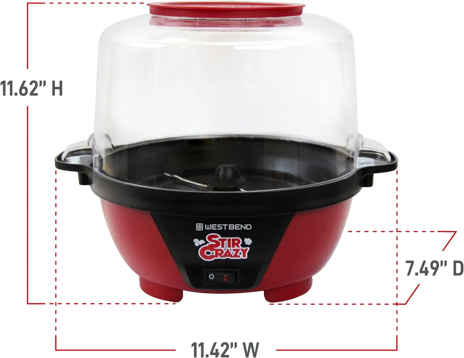 West Bend Stir Crazy Hot Oil Popcorn Popper, Popcorn Maker Machine with Large Serving Bowl Lid and Stirring Rod Perfect for Movie Night Snack Time or Parties, 6-Quart, Red