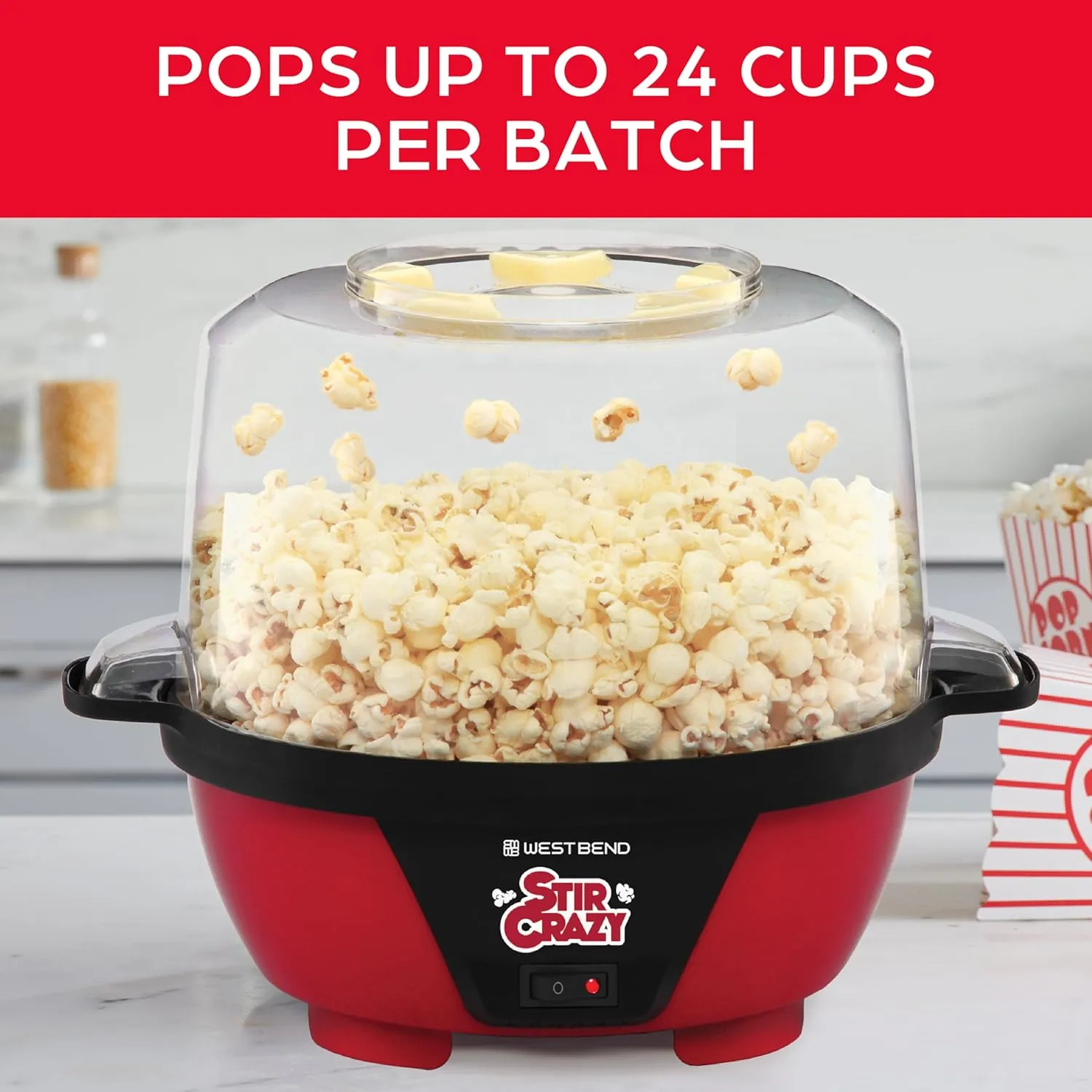 West Bend Stir Crazy Hot Oil Popcorn Popper, Popcorn Maker Machine with Large Serving Bowl Lid and Stirring Rod Perfect for Movie Night Snack Time or Parties, 6-Quart, Red