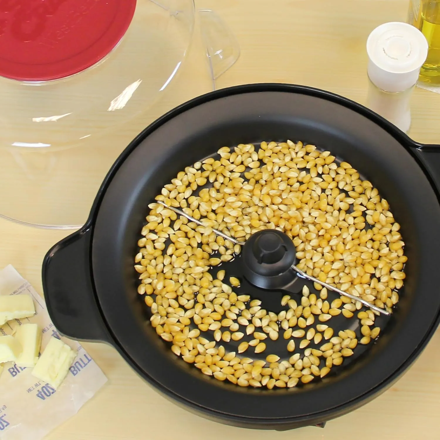 West Bend Stir Crazy Hot Oil Popcorn Popper, Popcorn Maker Machine with Large Serving Bowl Lid and Stirring Rod Perfect for Movie Night Snack Time or Parties, 6-Quart, Red