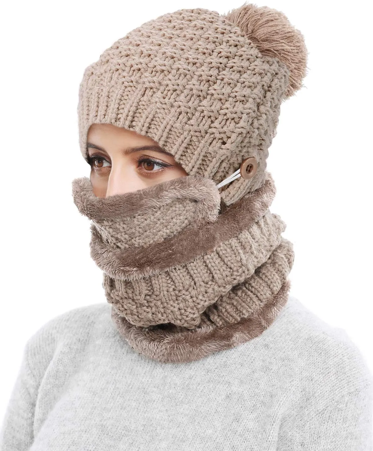 Winter Beanie Hat Scarf and Mask Set for Women, Thick Warm Slouchy Knit Fleece Lined Skull Knit Cap Scarf Mouth Mask 3 Pieces