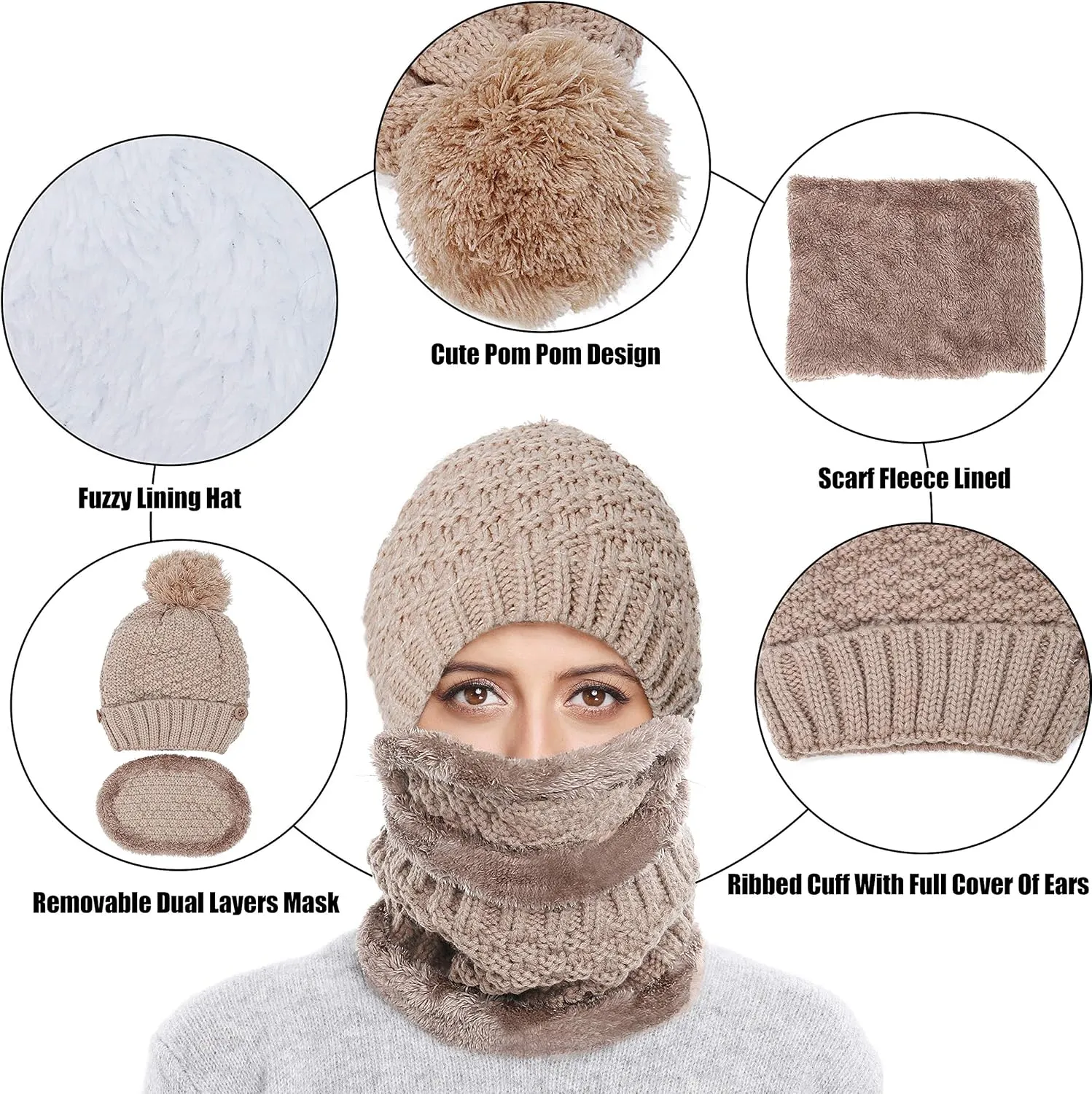 Winter Beanie Hat Scarf and Mask Set for Women, Thick Warm Slouchy Knit Fleece Lined Skull Knit Cap Scarf Mouth Mask 3 Pieces