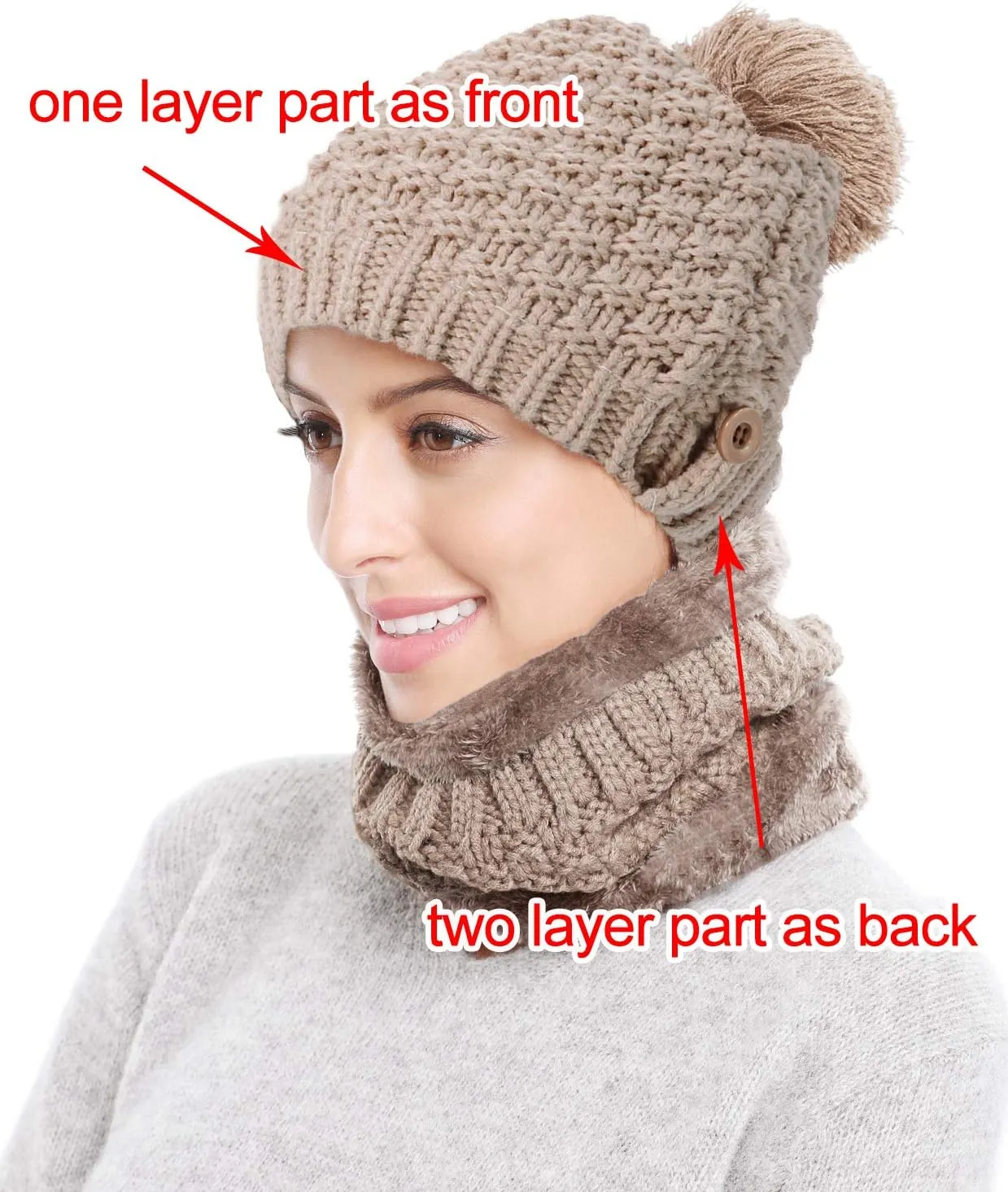 Winter Beanie Hat Scarf and Mask Set for Women, Thick Warm Slouchy Knit Fleece Lined Skull Knit Cap Scarf Mouth Mask 3 Pieces