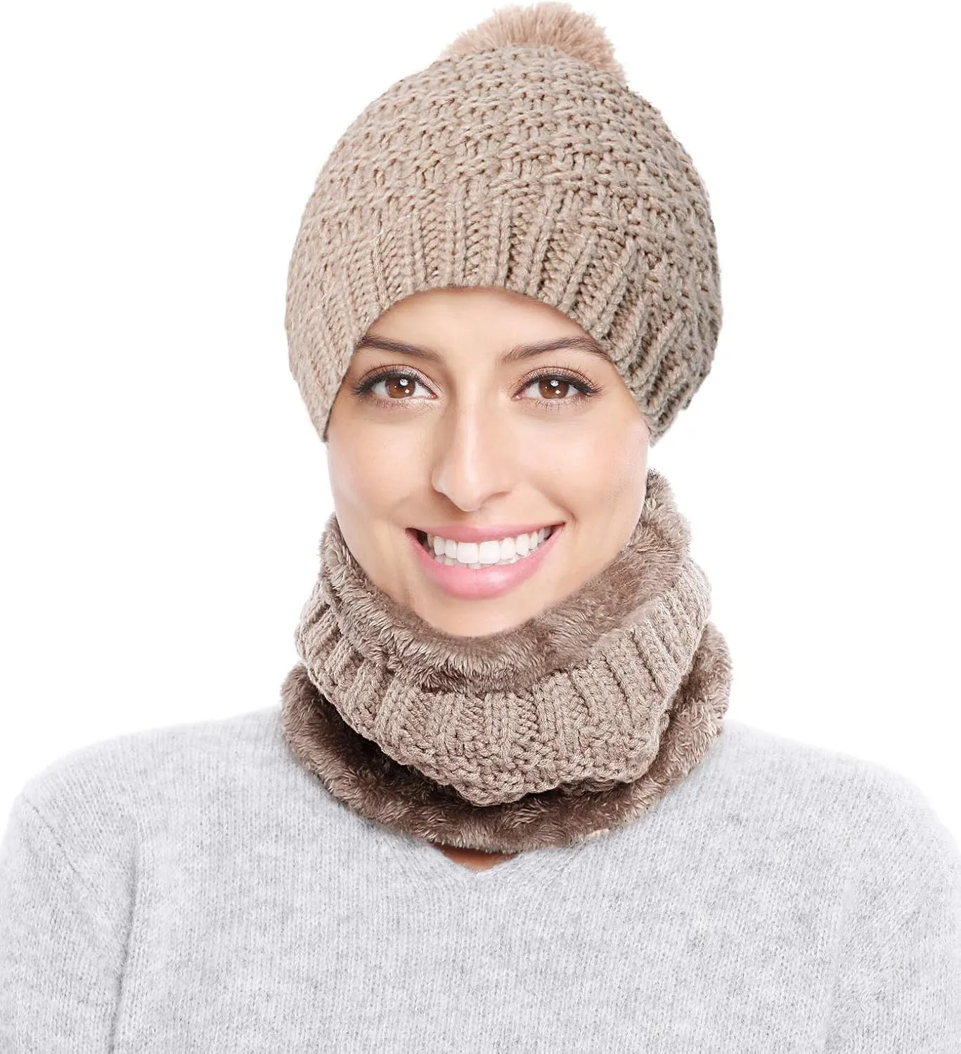 Winter Beanie Hat Scarf and Mask Set for Women, Thick Warm Slouchy Knit Fleece Lined Skull Knit Cap Scarf Mouth Mask 3 Pieces