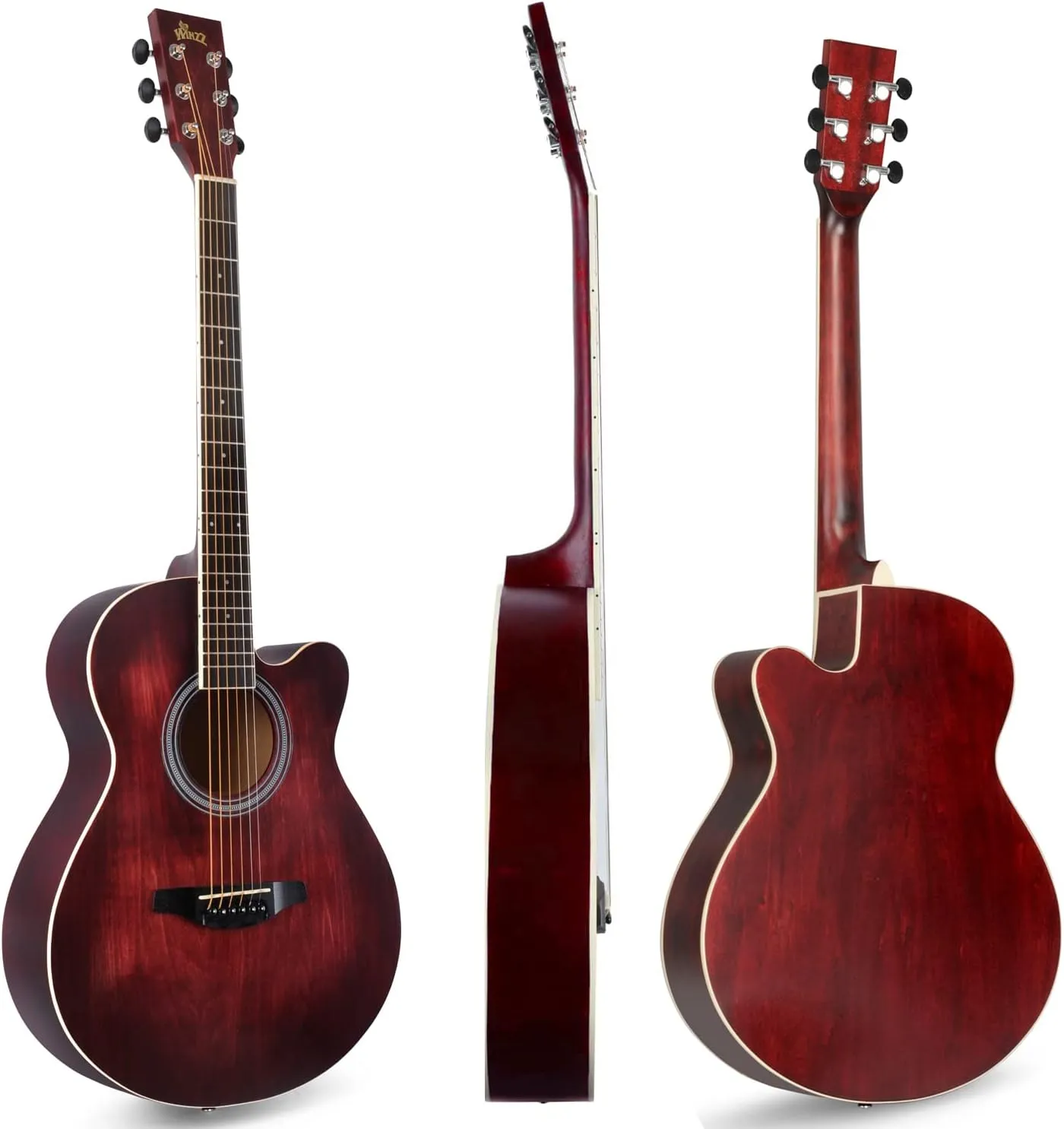 WINZZ HAND RUBBED Series - 40 Inches Cutaway Acoustic Acustica Guitar Beginner Starter Bundle with Online Lessons, Padded Bag, Stand, Tuner, Capo, Guitar Chords, Strap, Picks, Red