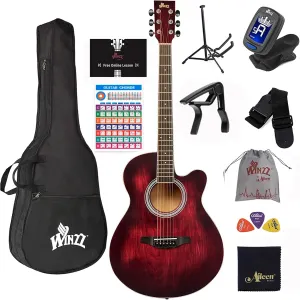 WINZZ HAND RUBBED Series - 40 Inches Cutaway Acoustic Acustica Guitar Beginner Starter Bundle with Online Lessons, Padded Bag, Stand, Tuner, Capo, Guitar Chords, Strap, Picks, Red