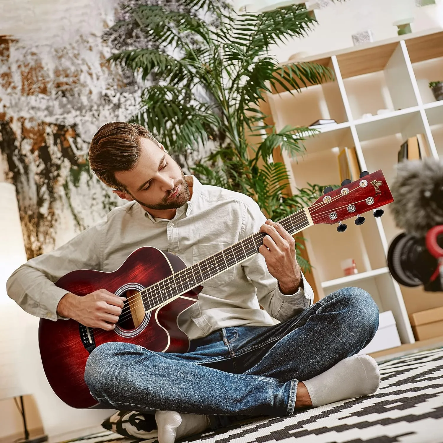 WINZZ HAND RUBBED Series - 40 Inches Cutaway Acoustic Acustica Guitar Beginner Starter Bundle with Online Lessons, Padded Bag, Stand, Tuner, Capo, Guitar Chords, Strap, Picks, Red
