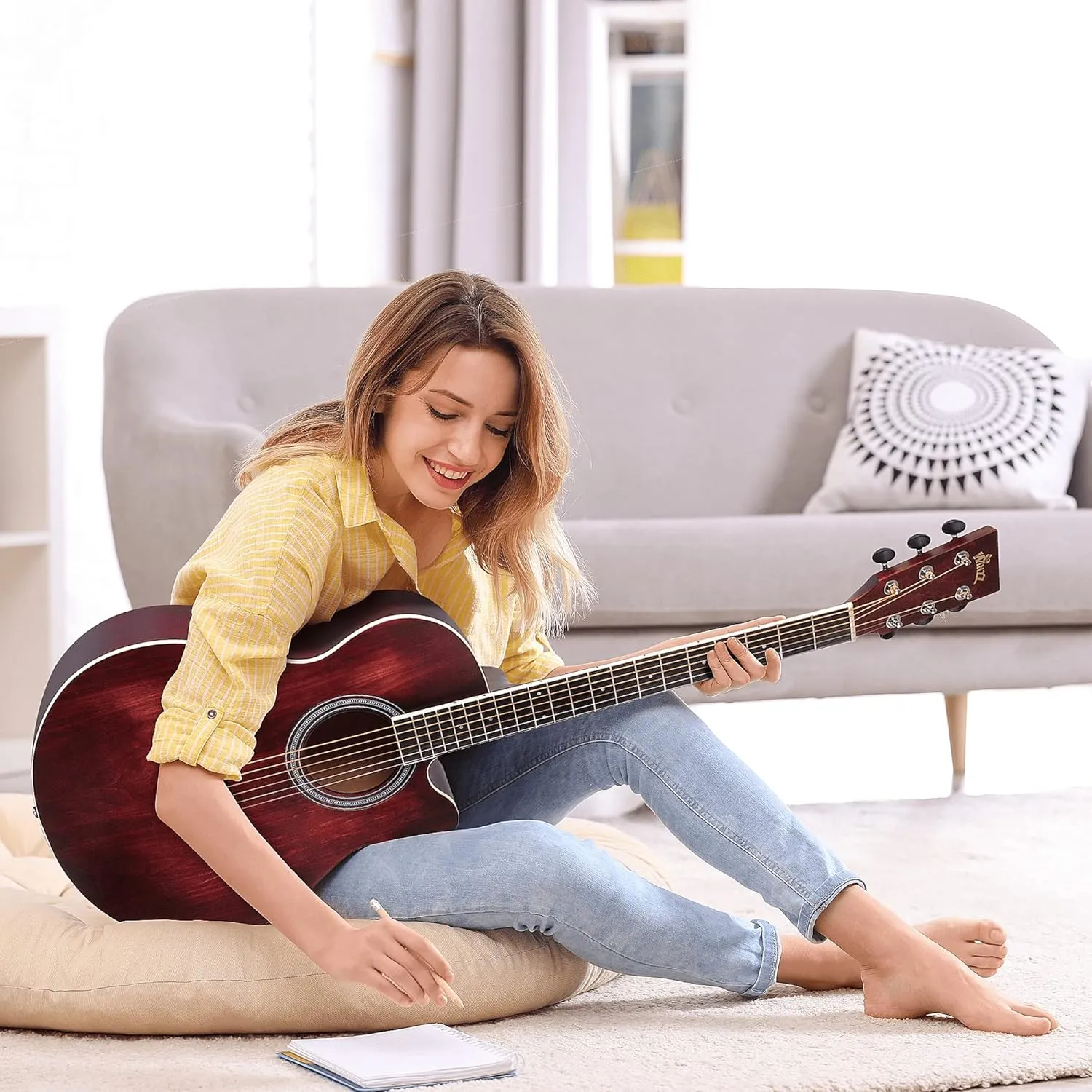 WINZZ HAND RUBBED Series - 40 Inches Cutaway Acoustic Acustica Guitar Beginner Starter Bundle with Online Lessons, Padded Bag, Stand, Tuner, Capo, Guitar Chords, Strap, Picks, Red
