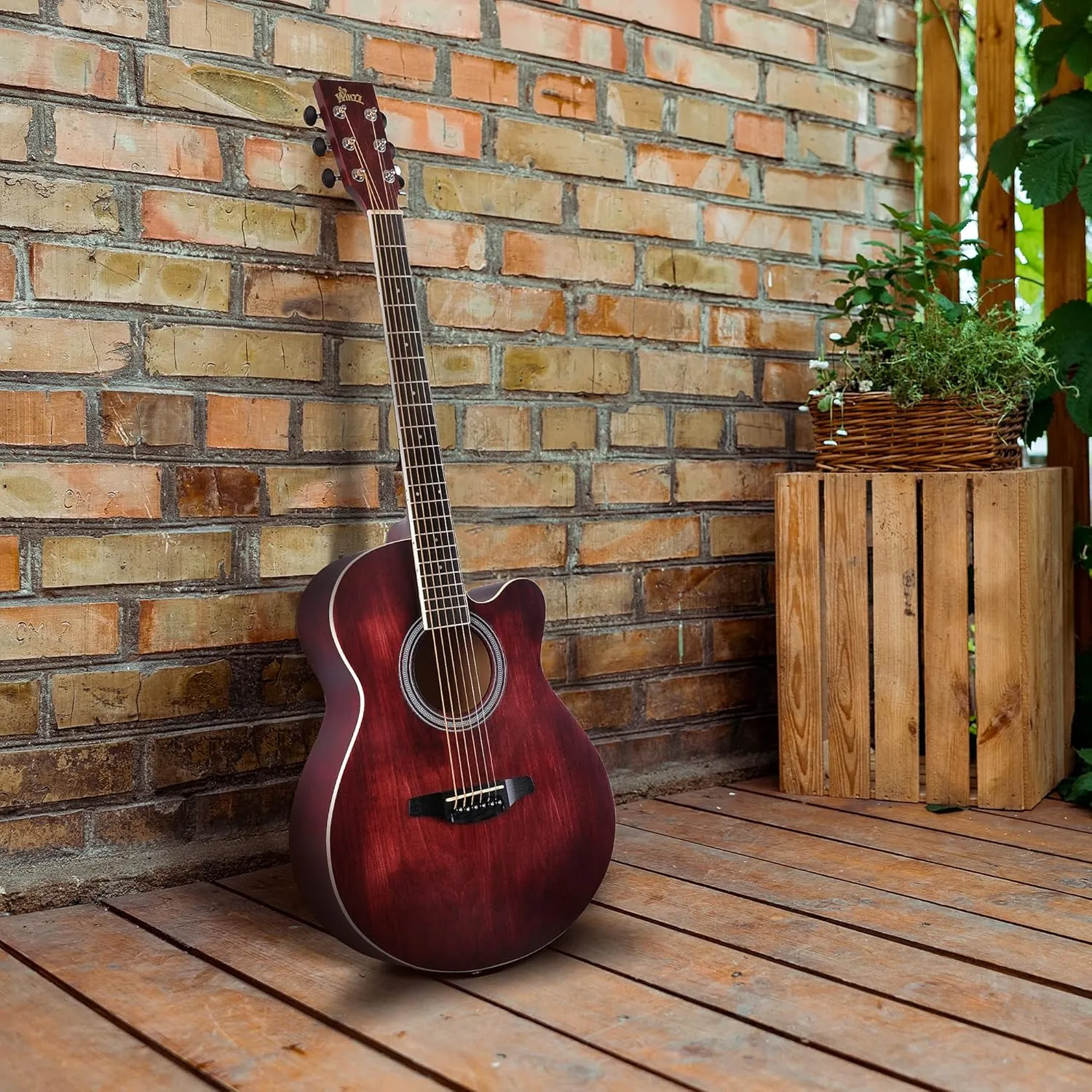 WINZZ HAND RUBBED Series - 40 Inches Cutaway Acoustic Acustica Guitar Beginner Starter Bundle with Online Lessons, Padded Bag, Stand, Tuner, Capo, Guitar Chords, Strap, Picks, Red