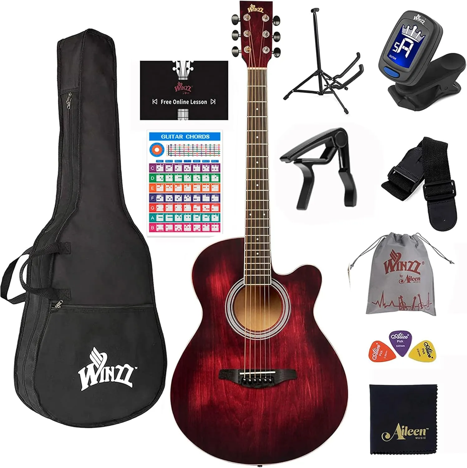WINZZ HAND RUBBED Series - 40 Inches Cutaway Acoustic Acustica Guitar Beginner Starter Bundle with Online Lessons, Padded Bag, Stand, Tuner, Capo, Guitar Chords, Strap, Picks, Red
