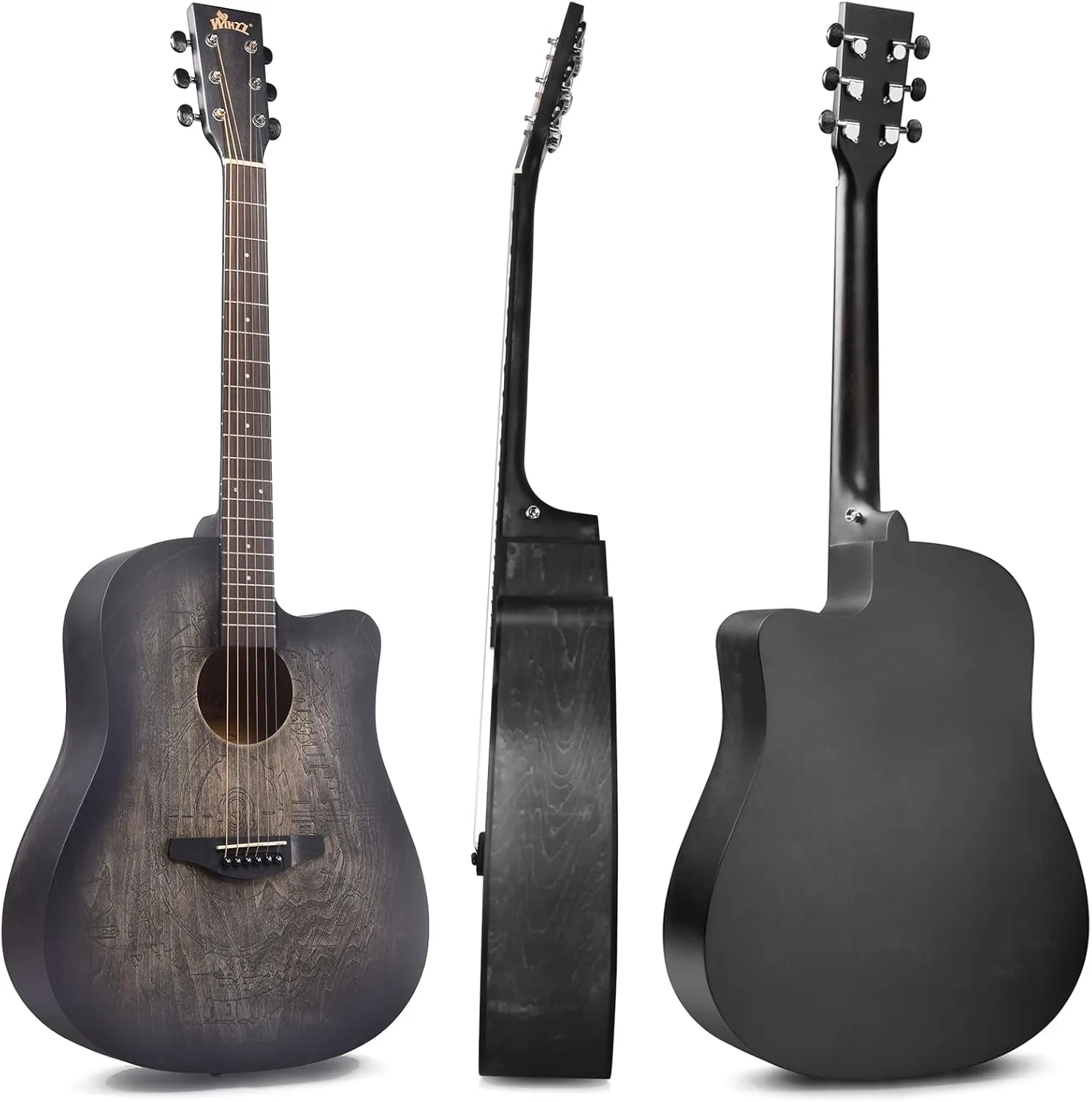 WINZZ HAND RUBBED Series - Full Size Cutaway Carved Acoustic Acustica Guitar Adult Beginner Starter Bundle with Full Kit, 41 Inches Right Handed, Carved Black