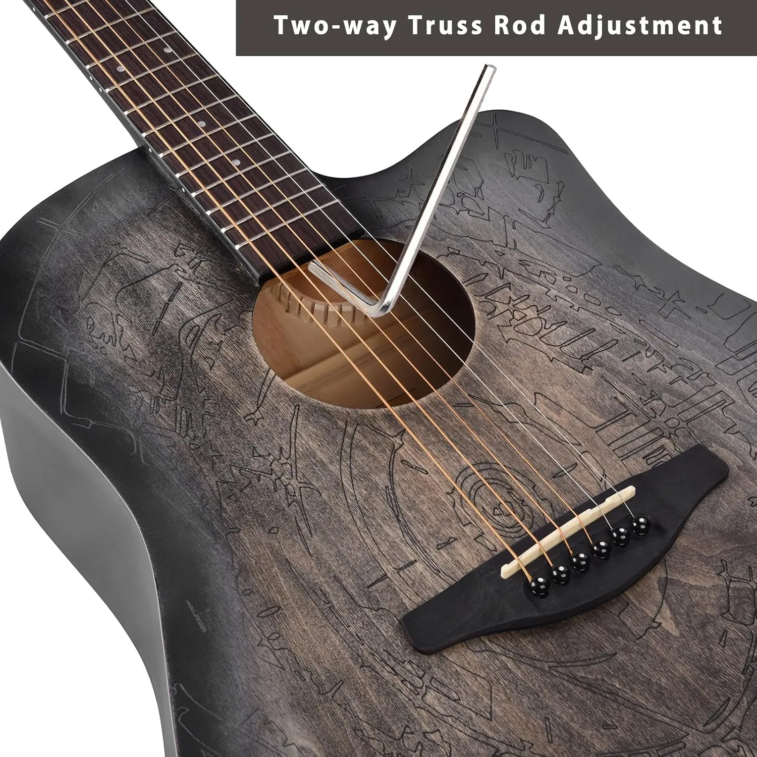 WINZZ HAND RUBBED Series - Full Size Cutaway Carved Acoustic Acustica Guitar Adult Beginner Starter Bundle with Full Kit, 41 Inches Right Handed, Carved Black