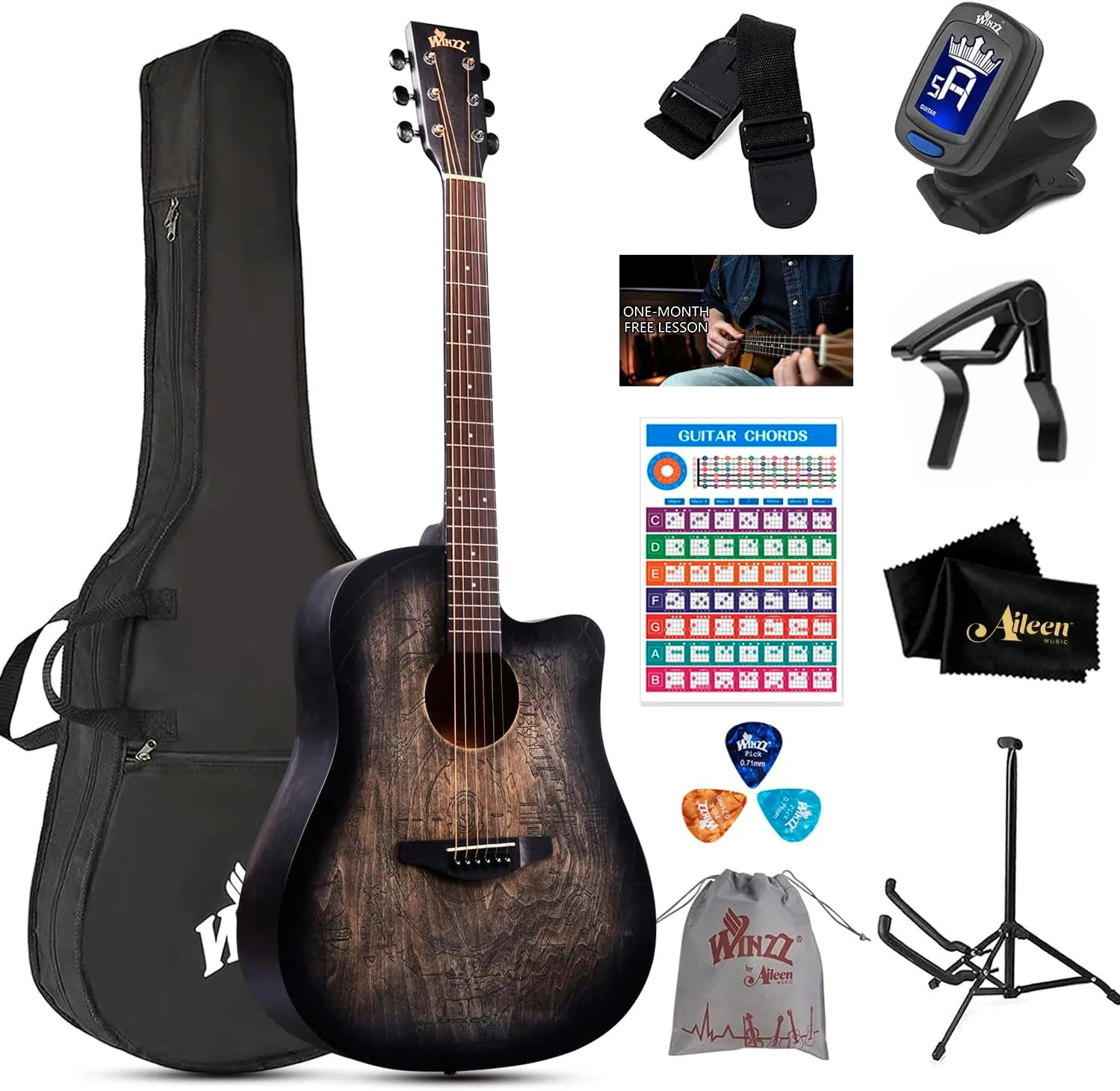 WINZZ HAND RUBBED Series - Full Size Cutaway Carved Acoustic Acustica Guitar Adult Beginner Starter Bundle with Full Kit, 41 Inches Right Handed, Carved Black