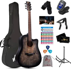 WINZZ HAND RUBBED Series - Full Size Cutaway Carved Acoustic Acustica Guitar Adult Beginner Starter Bundle with Full Kit, 41 Inches Right Handed, Carved Black