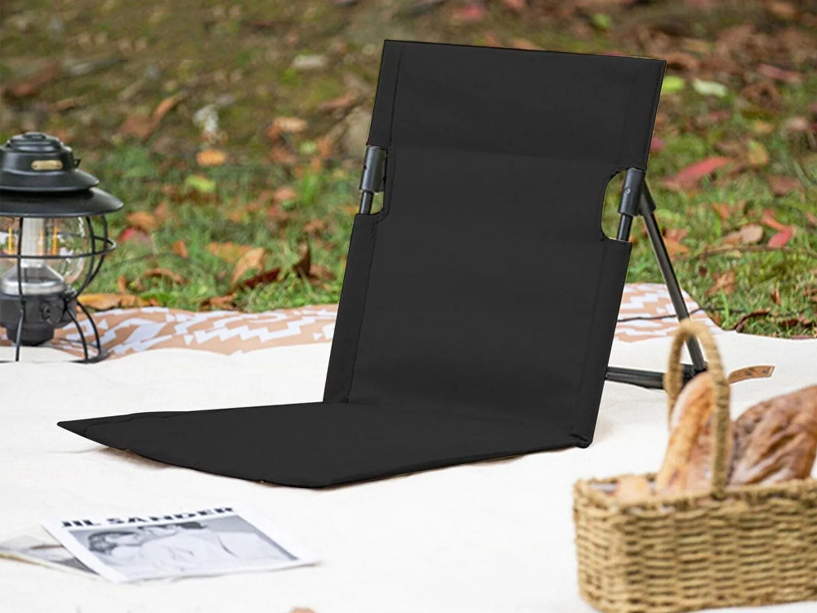with Beach Mat Black 1Pc Backrest Eye-catching Chair Beach Folding Lounge Portable Stable